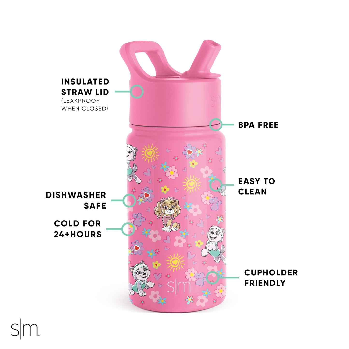 Simple Modern Paw Patrol Kids Water Bottle with Straw Lid | Reusable Insulated Stainless Steel Cup for Girls, School | Summit Collection | 14oz, Sunny Florals