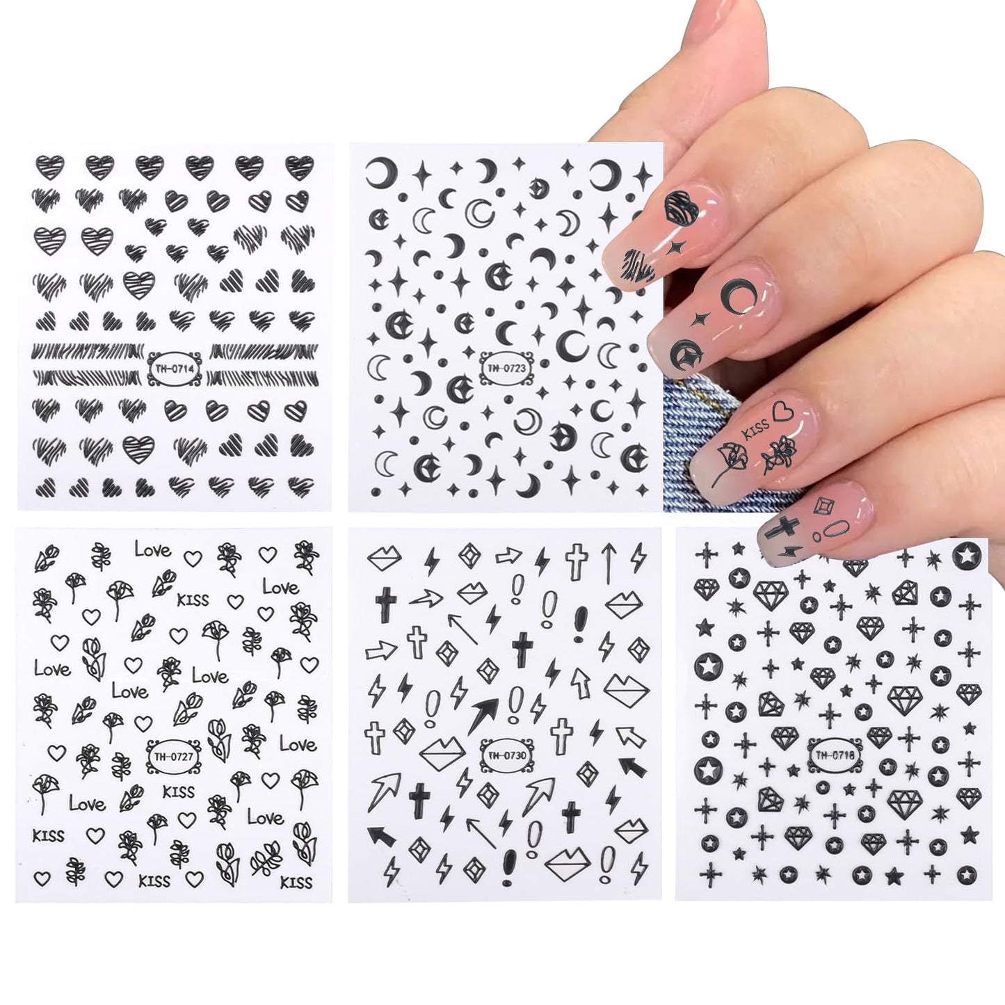 5 Styles Nail Art Stickers Relief Sculpture 5D Nail Decals for Nail Art, Scrawl Heart,Star,Moon,Crucifixion,Diamond,Rose Shape Self-Adhesive Nail Stickers for Nail Charm Decoration DIY Kit