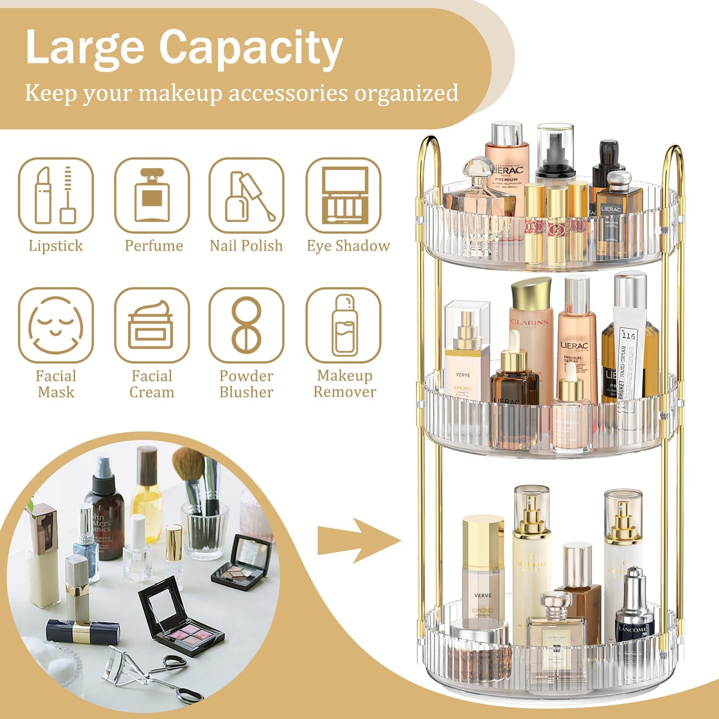 MOKANI 360 Rotating Makeup Organizer for Vanity, 3 Tier Adjustable Perfume Organizer for Dresser, Multi-Function Spinning Cosmetics Skincare Organizer for Bedroom, Dresser, Countertop, Clear