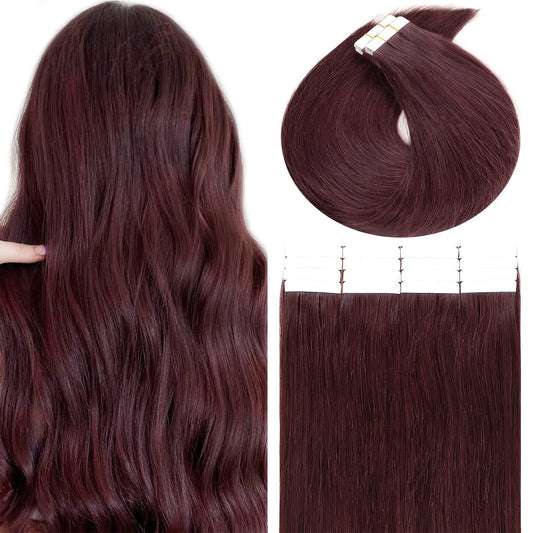 Lacer Natural Human Hair Tape in Extensions Invisible Double Sided Straight Red Wine Burgundy #99J Glue In Hair Extensions Human Hair 50g 20pcs 18 Inch