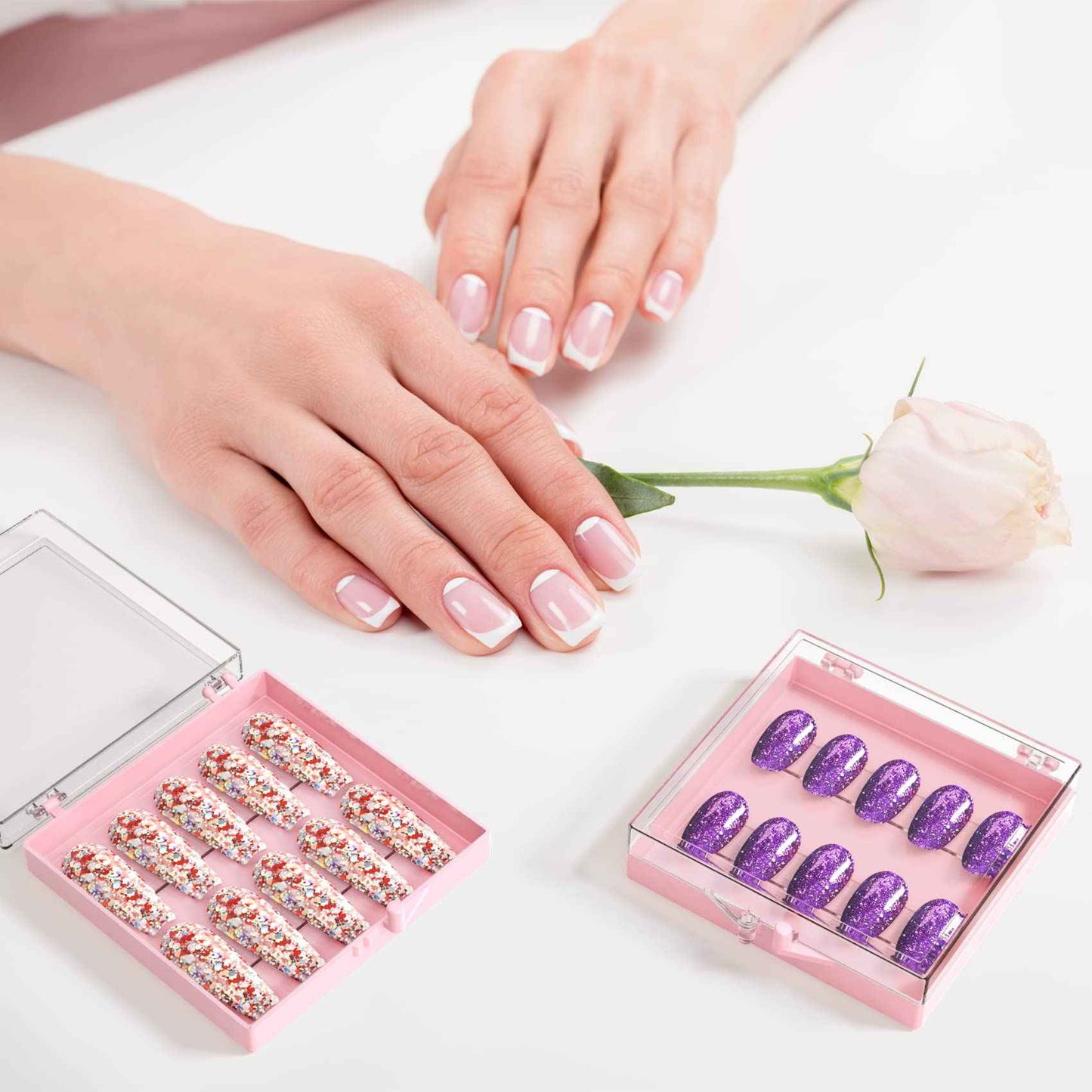 ANCIRS 25 Pack Acrylic Nail Storage Box for DIY Press-on Nails Holder & 60pcs Double Sided Adhesive Nail Display Tape, Artificial Nail Stand Packaging Organizer Case & Fake Nail Tip Tapes for Nail Art