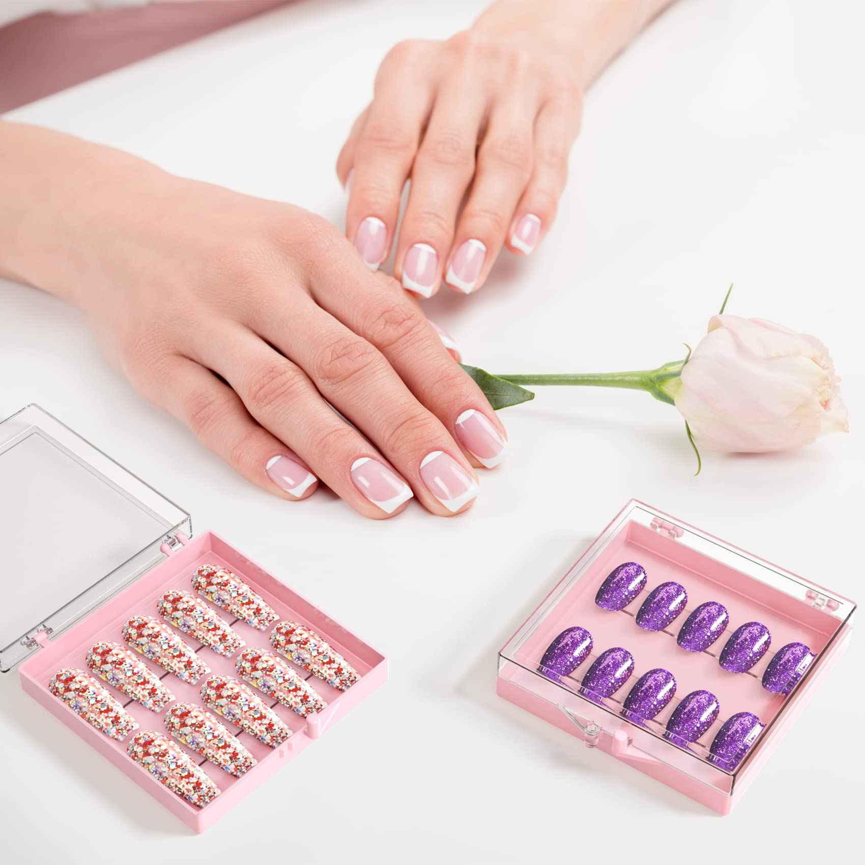 ANCIRS 25 Pack Acrylic Nail Storage Box for DIY Press-on Nails Holder & 60pcs Double Sided Adhesive Nail Display Tape, Artificial Nail Stand Packaging Organizer Case & Fake Nail Tip Tapes for Nail Art