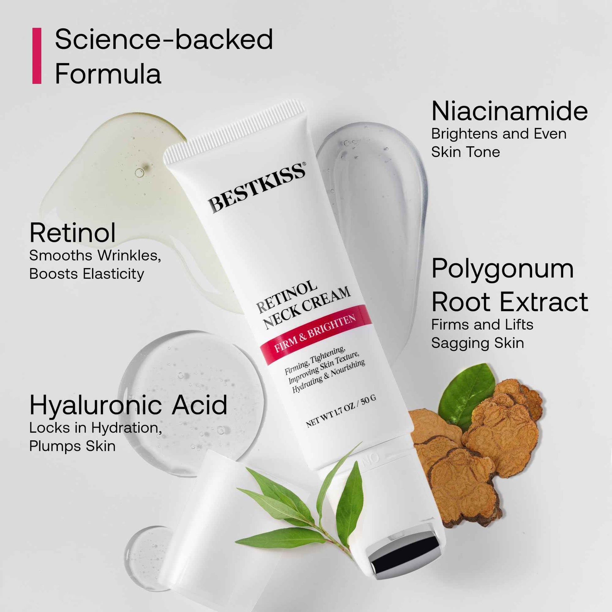 Bestkiss Retinol Neck Firming Cream with Cooling & Massaging Roller Applicator - Hydrates, Lifts, Smoothes Wrinkles, Fine Lines & Tightens Sagging Skin with Niacinamide & Hyaluronic Acid, 1.7oz/50g