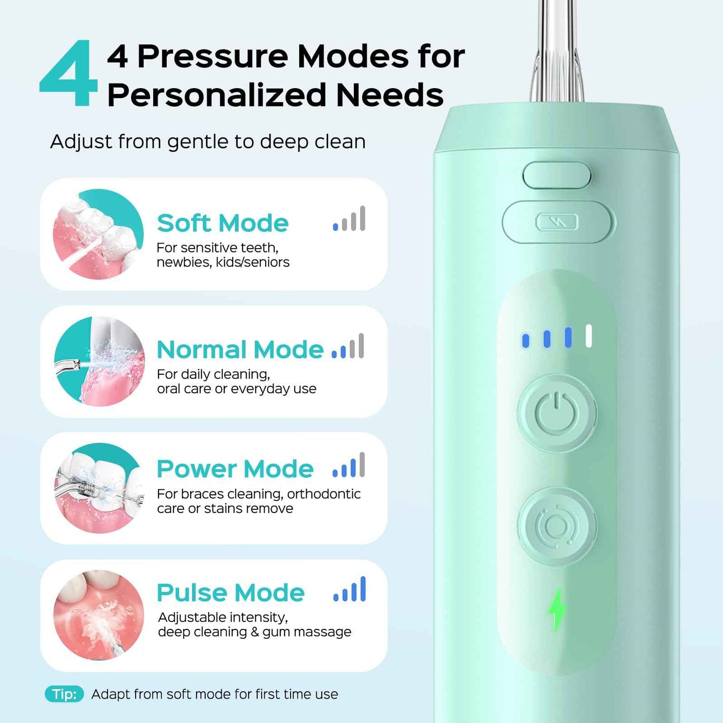 COSLUS Mini Water Flosser for Travel: Portable Lightweight Design Cordless Oral Irrigator with Removable Tank & 4 Modes, IPX7 Waterproof for Braces, Sensitive Teeth Travelers & Family Use, Green, T40