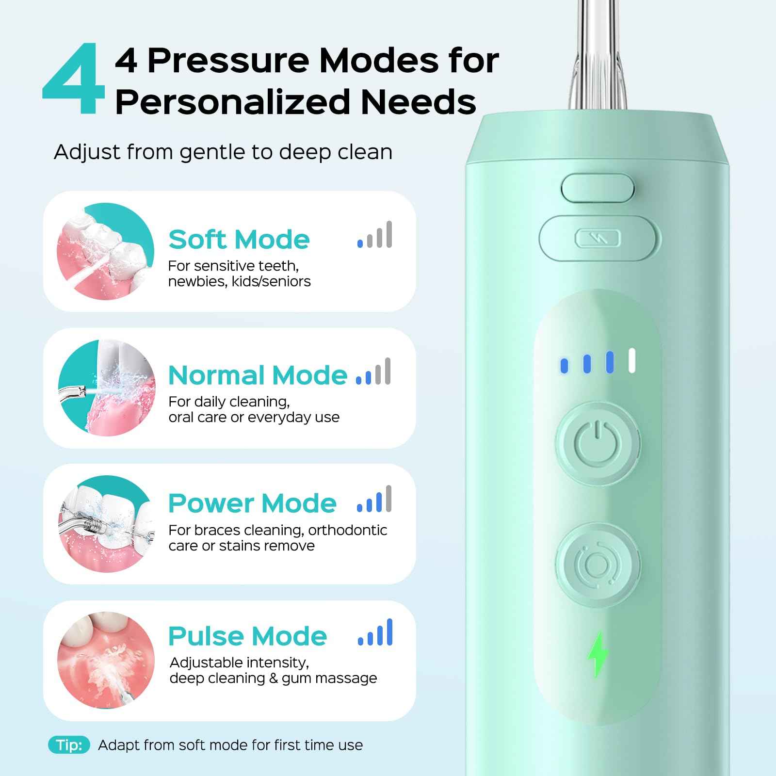 COSLUS Mini Water Flosser for Travel: Portable Lightweight Design Cordless Oral Irrigator with Removable Tank & 4 Modes, IPX7 Waterproof for Braces, Sensitive Teeth Travelers & Family Use, Green, T40