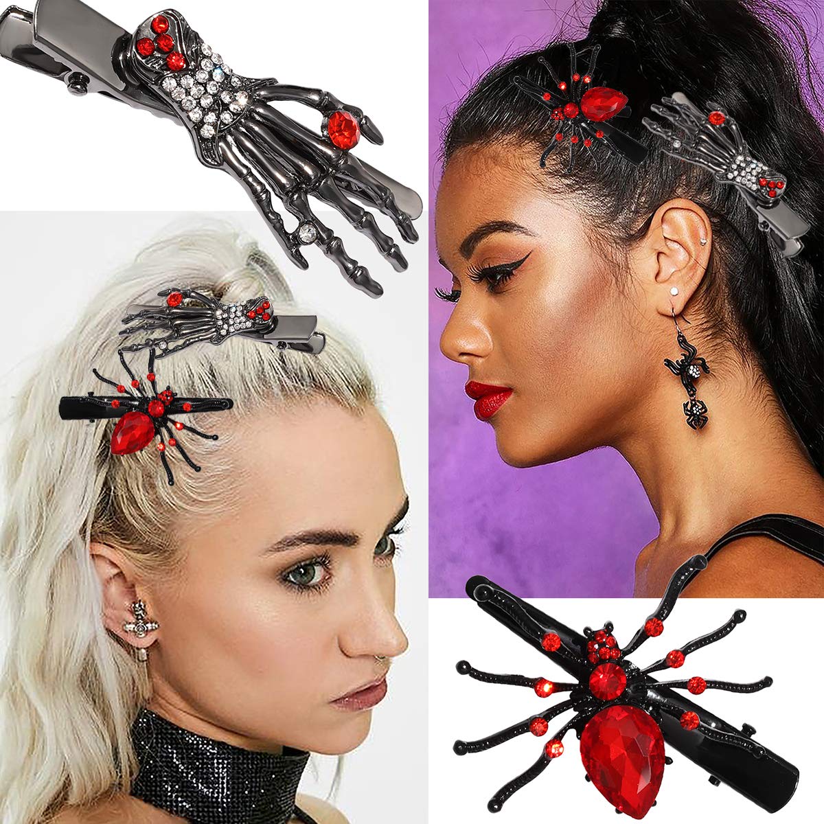 Halloween Hair Clips for Women Girl Halloween Skeleton Hands and Horror Crystal Spider Hairpin Hairwear for Halloween Party