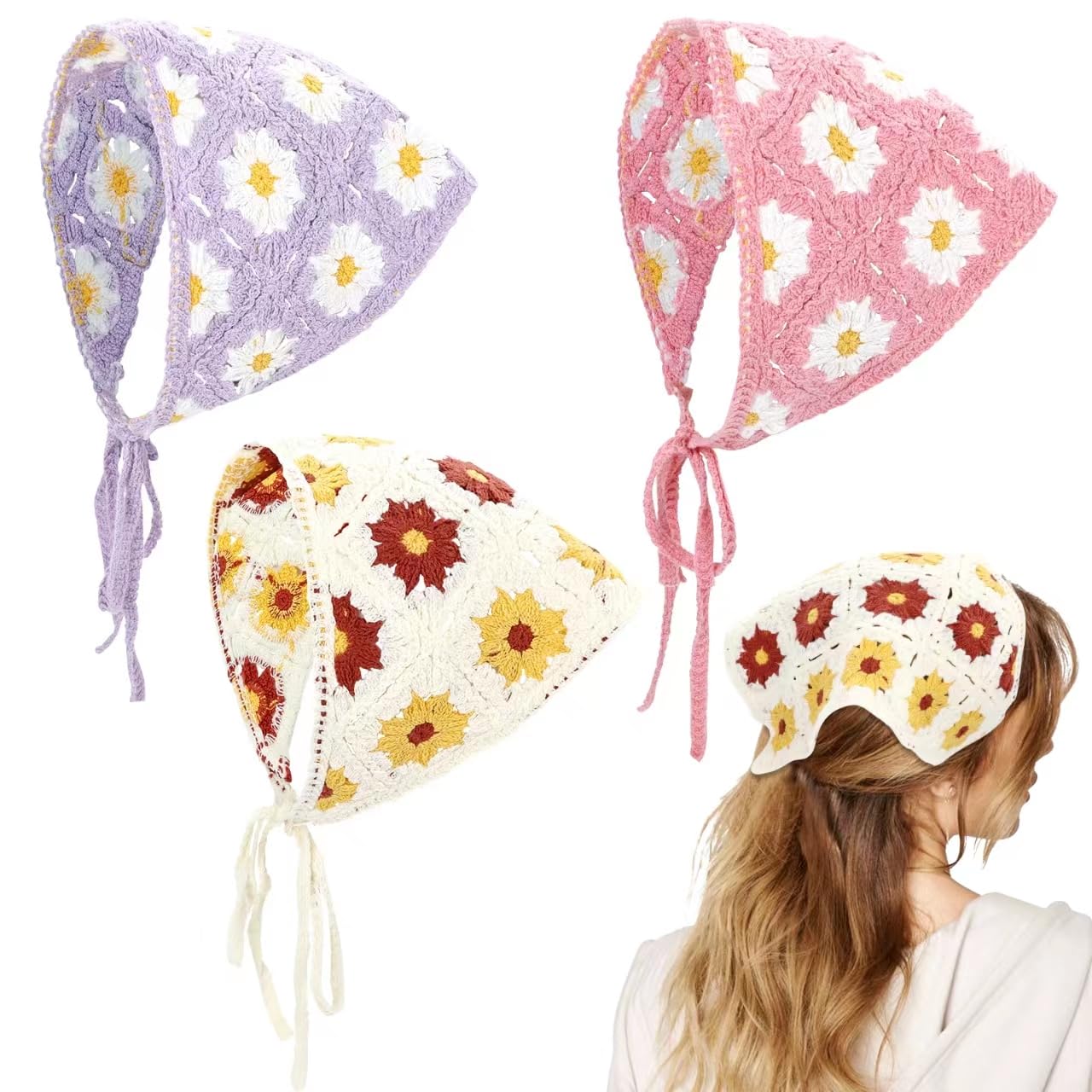 Dizila 3 Pieces Flower Crochet Bandanas Hair Scarf Tie Back Floral Knitted Head Kerchief Headwraps for Women Girls Teens Kids (Purple+Pink+Ivory)