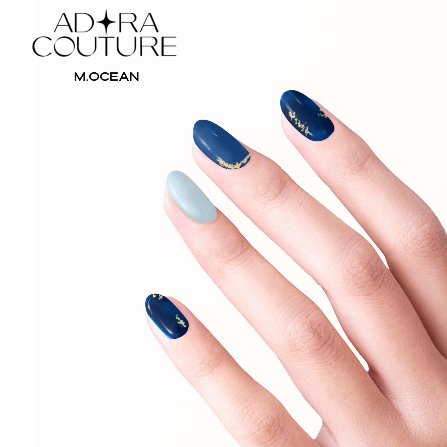 Adora Couture Semi Cured Gel Nail Strips Fall | 30pcs Blue Ocean with Gold Accent Stick-on Gel Nail Sticker | Holiday Nail Stickers with UV Light Required (M.Ocean)