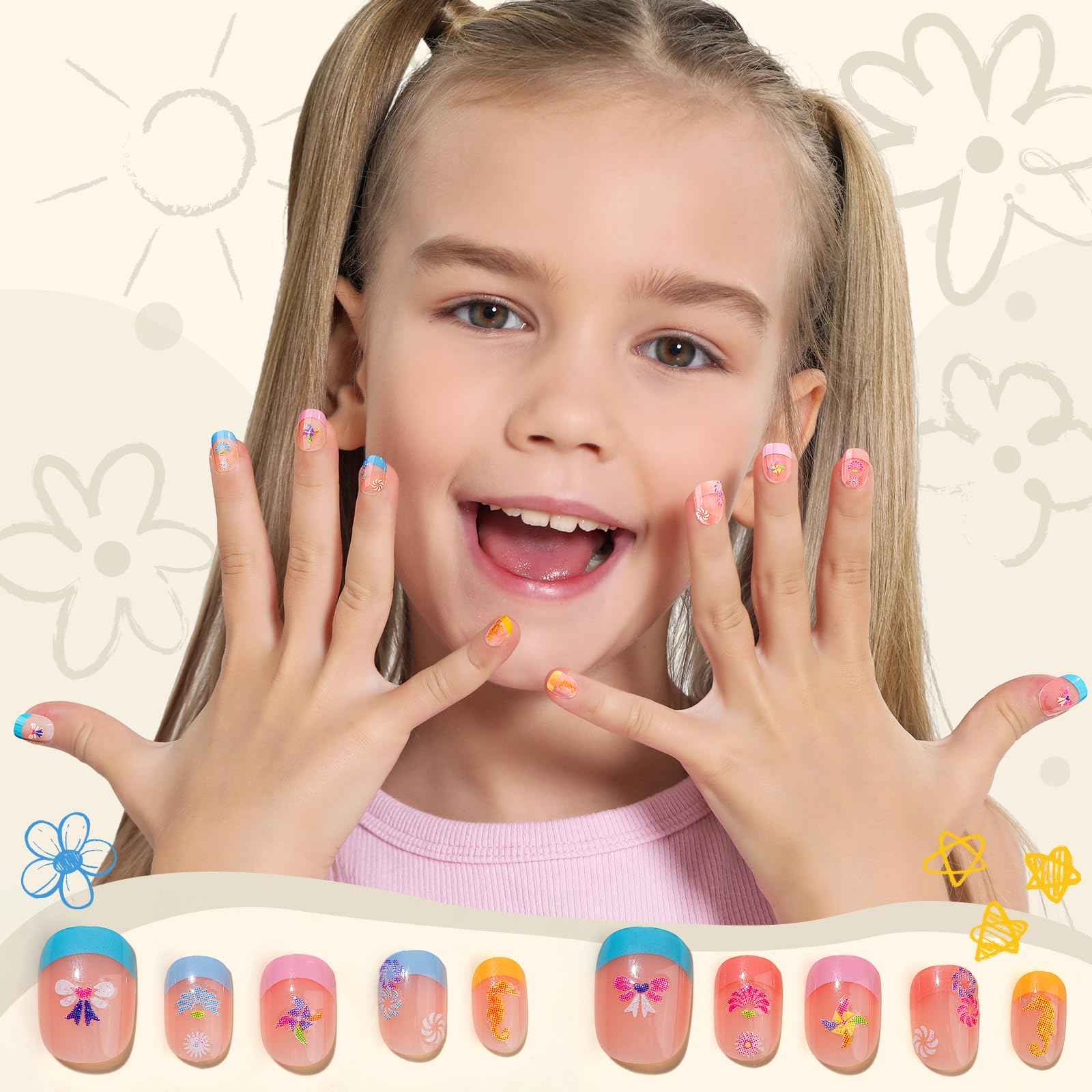 FANDAMEI Nail Stickers for Girls, 30 Sheets Cute Kids Nail Stickers for Nail Art, 3D Self-Adhesive Glitter Floral Fruit Heart Decals for Women, Little Girl Nail Decals for Design