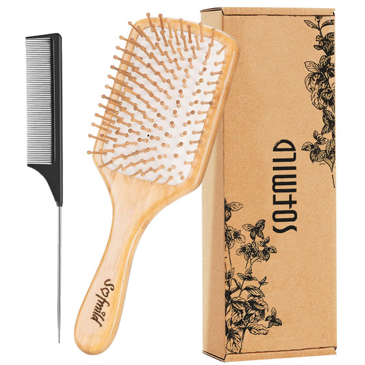 Hair Brush-Natural Wooden Bamboo Brush and Detangle Tail Comb Instead of Brush Cleaner Tool, Paddle Hairbrush for Women Men and Kids Make Thin Long Curly Hair Health and Massage Scalp