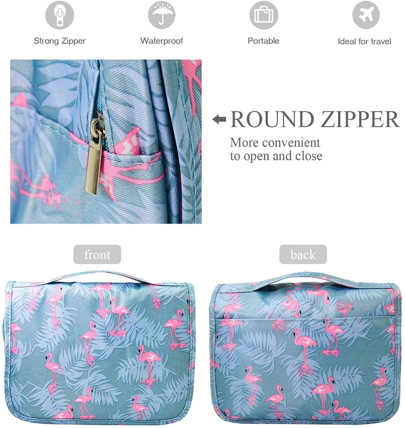 Trawila Travel Hanging Toiletry Bag Cosmetic Bag Makeup Organizers for Men & Women with Sturdy Hook (Light Blue Flamingo)