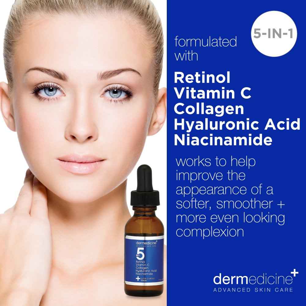 5 in 1 Potent Face Serum with Retinol, Vitamin C, Collagen, Hyaluronic Acid, Niacinamide | May Help Improve Appearance of Fine Lines and Reduce Appearance of Dark Spots | 1 fl oz / 30 ml