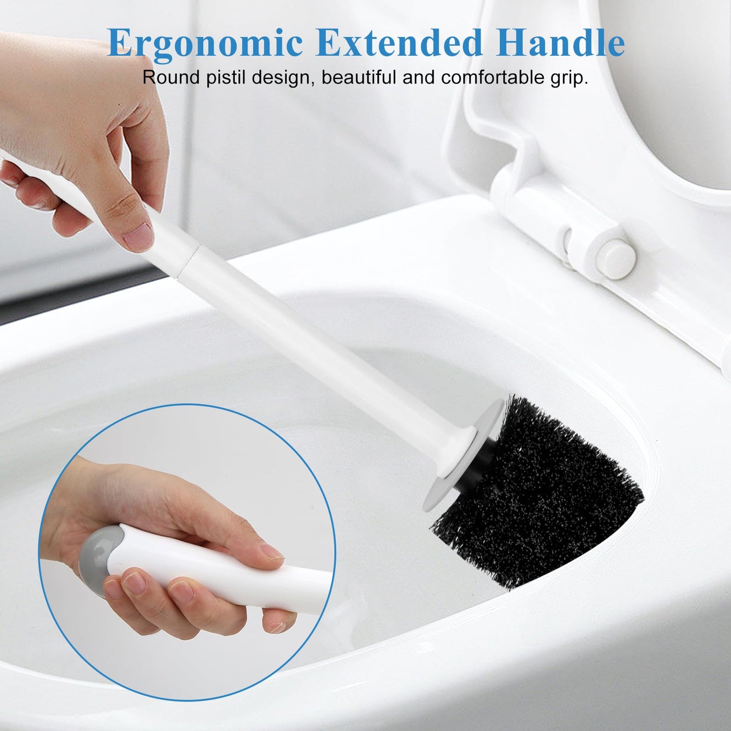 Toilet Brush and Holder, Toilet Bowl Brush and Holder with Long Handle, Plastic Holder Easy to Hide, Drip-Proof, Easy to Assemble, Deep Cleaning