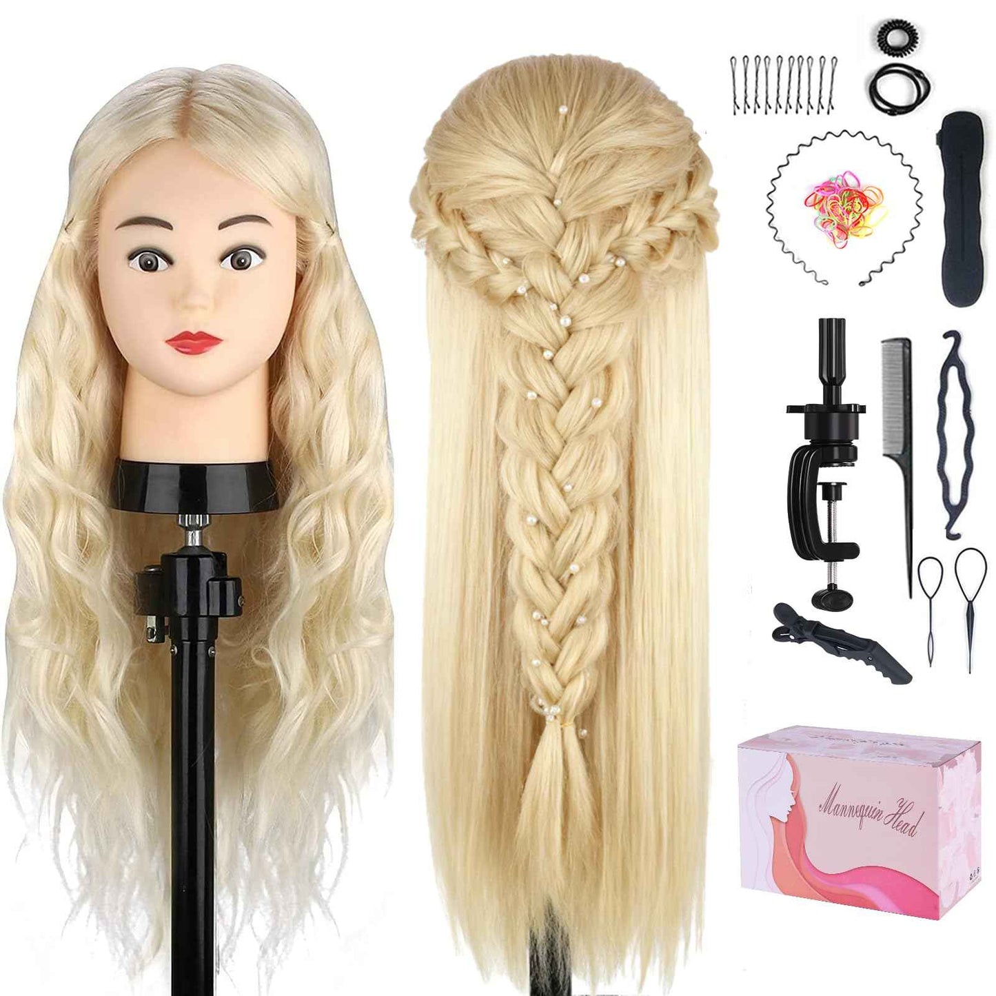 Beauty Star Mannequin Head with 80% Real Human Hair, Doll Head for Hair Styling, Cosmetology Training Manikin Practice Head with Clamp Stand and Braiding Kit (Suitable for Straightening, Curling)