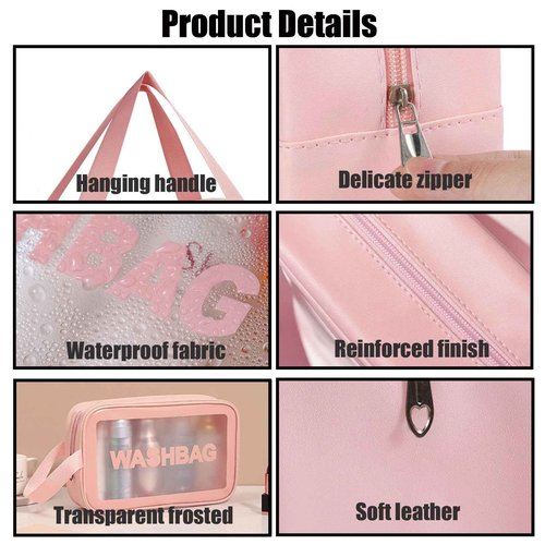 BIRDDIE Clear Travel Bags for Toiletries,3 Pack Toiletry Bag,Matte Translucent Toiletry Bag,Makeup Bag With Handy Handle,Travel Pouch,Makeup Cosmetic Organizer for Travel Essentials(Pink)