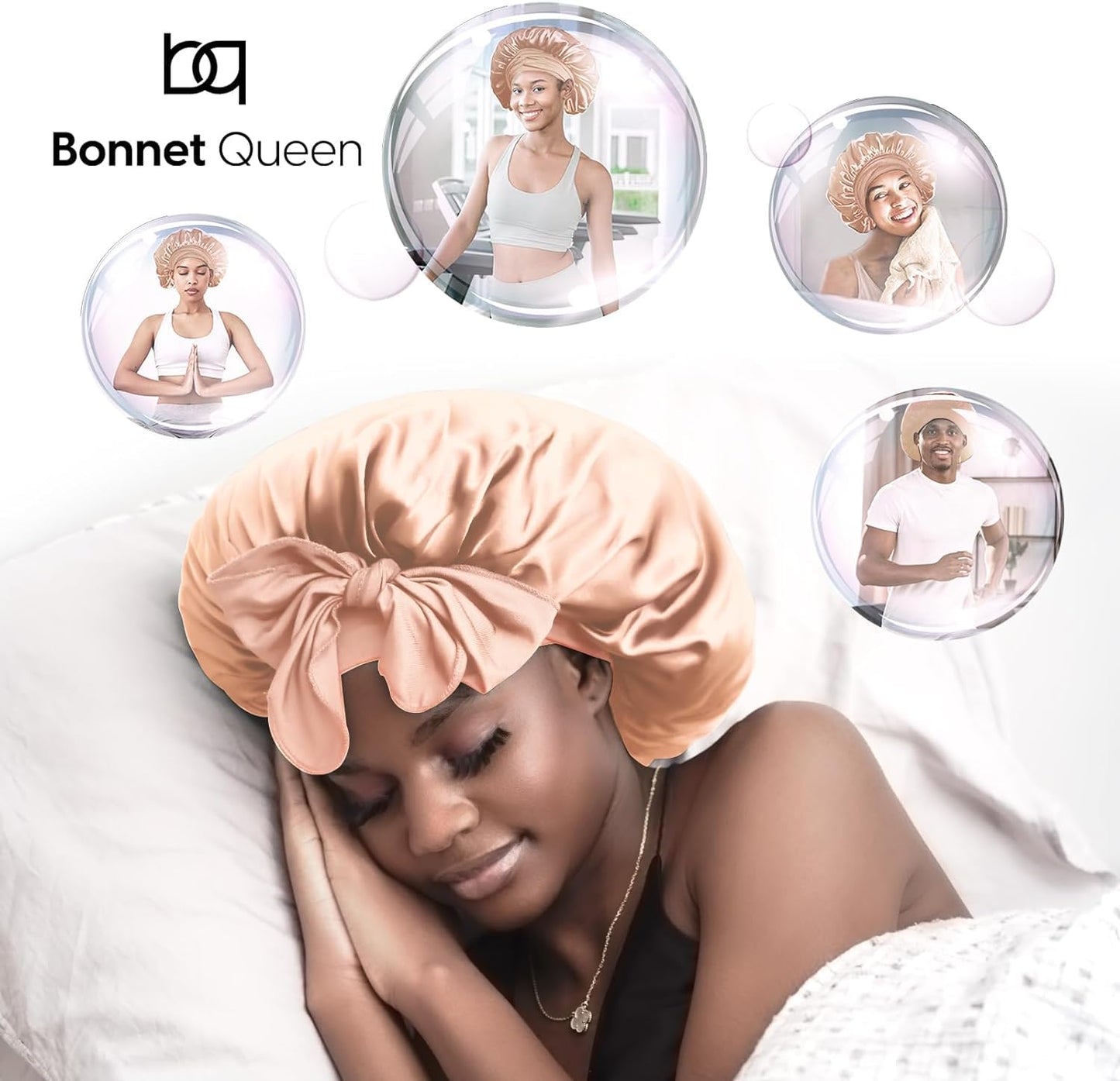 BONNET QUEEN Silk Bonnet for Sleeping Women Satin Bonnet Hair Bonnet night sleep cap scarf wrap for curly hair with tie band champagne