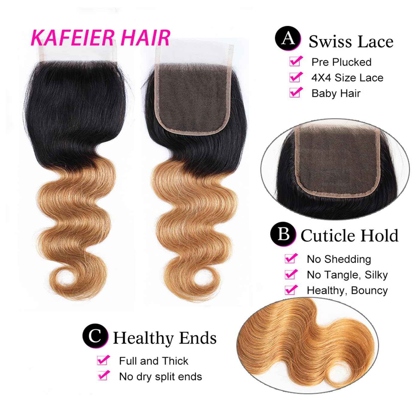 KAFEIER 1B27 Lace Front Body Wave Closure - 4X4 Preplucked Brazilian Human Hair Extensions With Bleached Knots - Ombre Wet and Wavy for Women - 18 Inch