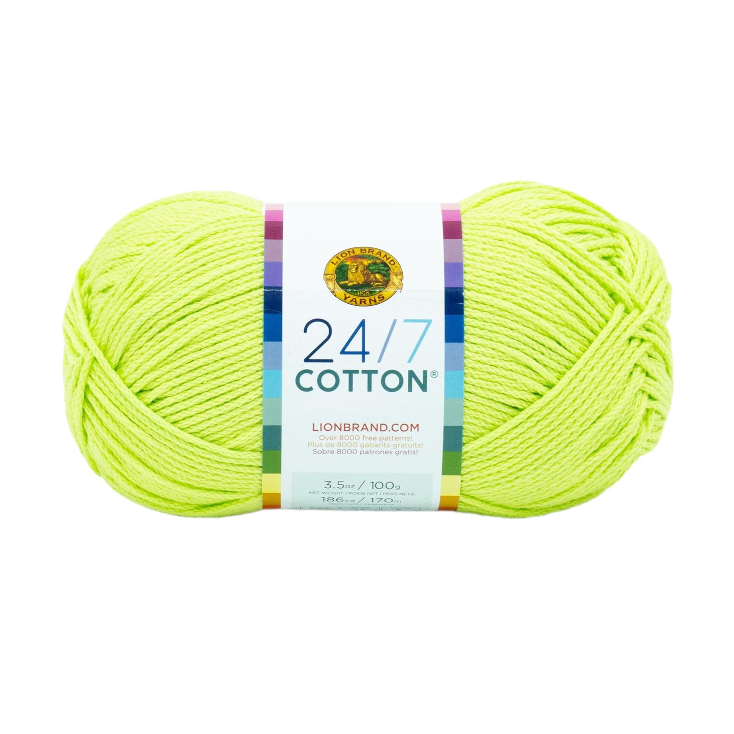 Lion Brand 24/7 Cotton Yarn, Lightweight Yarn for Knitting, Crocheting, and Crafts, Lime, 1 Pack