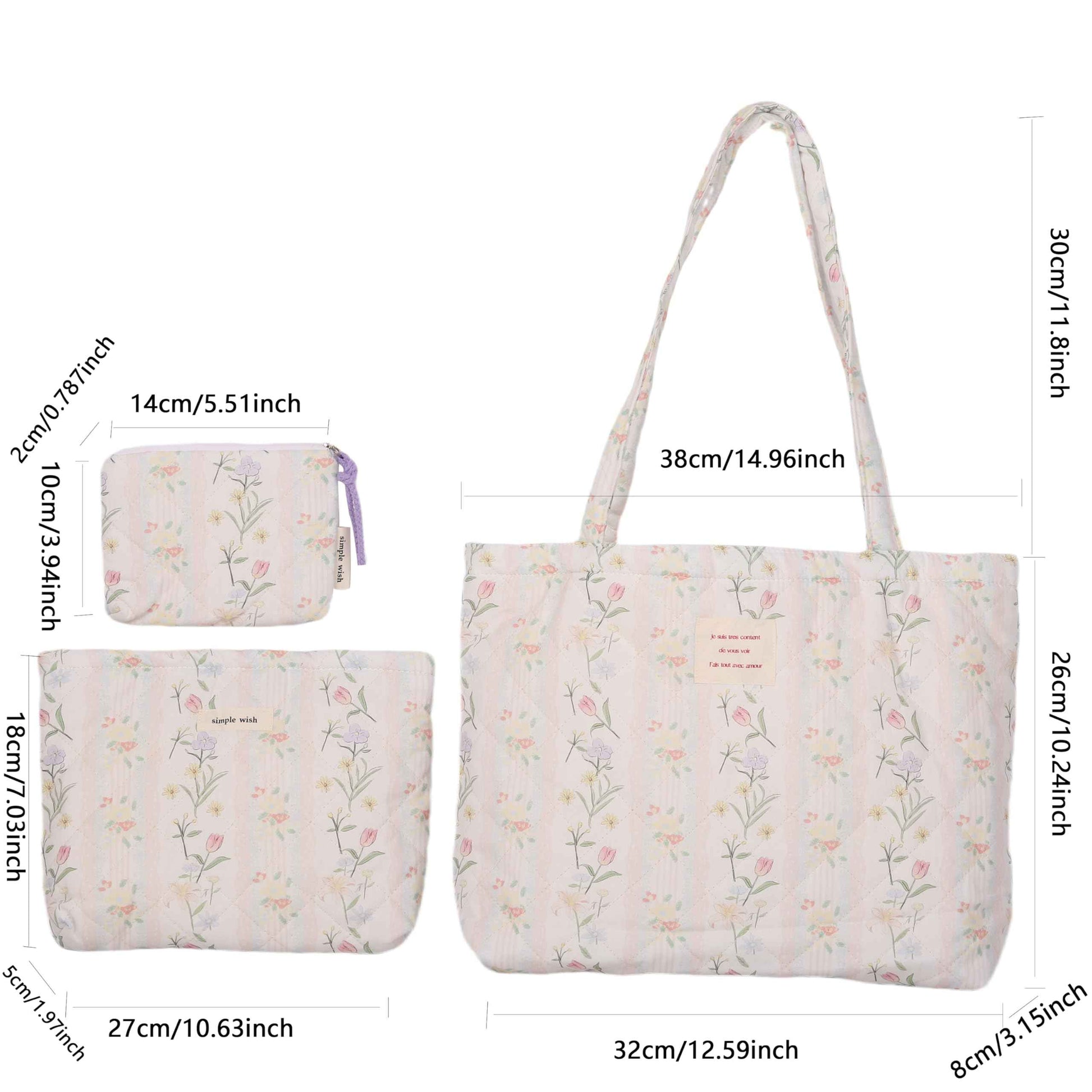 MSGHER Floral Quilted Cotton Shoulder Bag Set 3-in-1 Handbag with Matching Mini Pouch Cosmetic Bag Large Capacity Tote A053 (Striped floral)