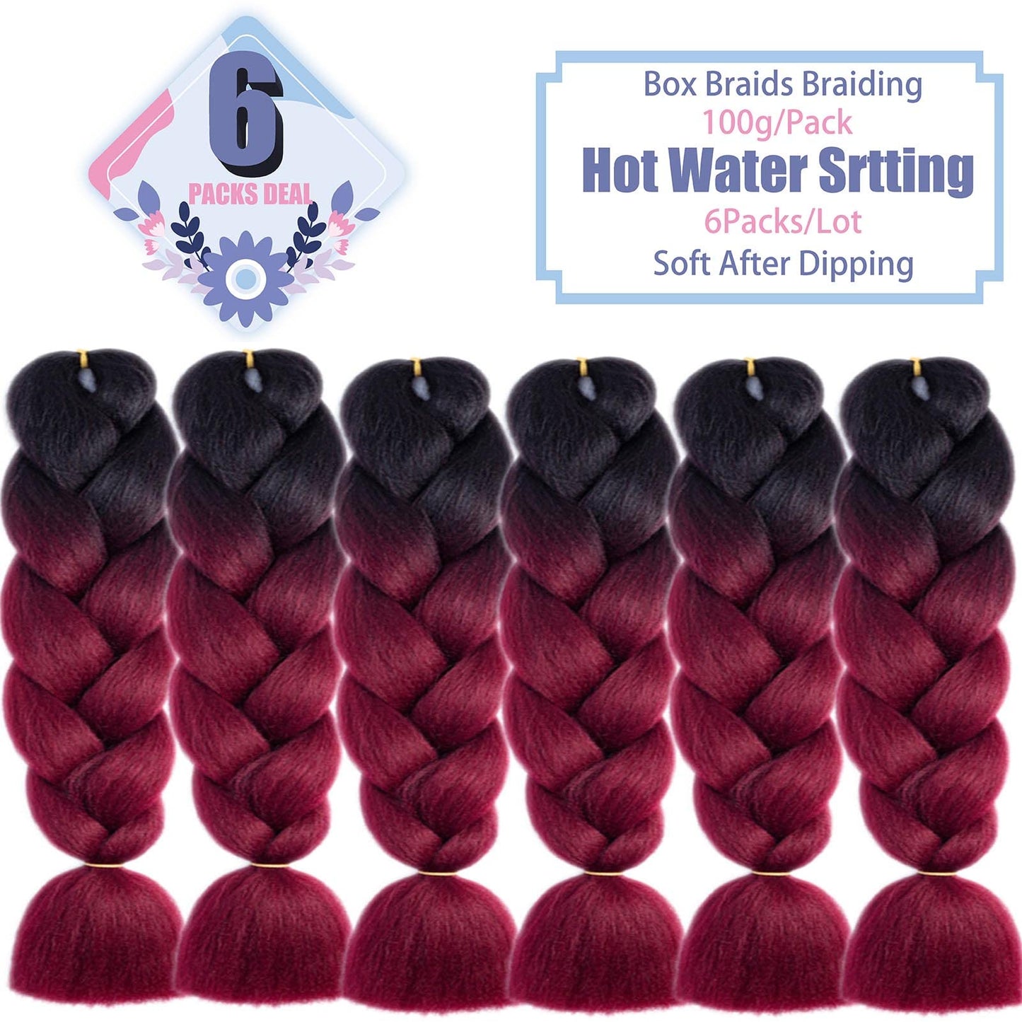 LILYKA SHOW 6 Packs 24 Inch Braiding Hair Extensions for Women Kanekalon Braiding Hair Ombre Jumbo Braiding Hair Extensions High Temperature Synthetic Braiding Hair for Twist Crochet Braids(6 Packs 24",Black to Wine Red)