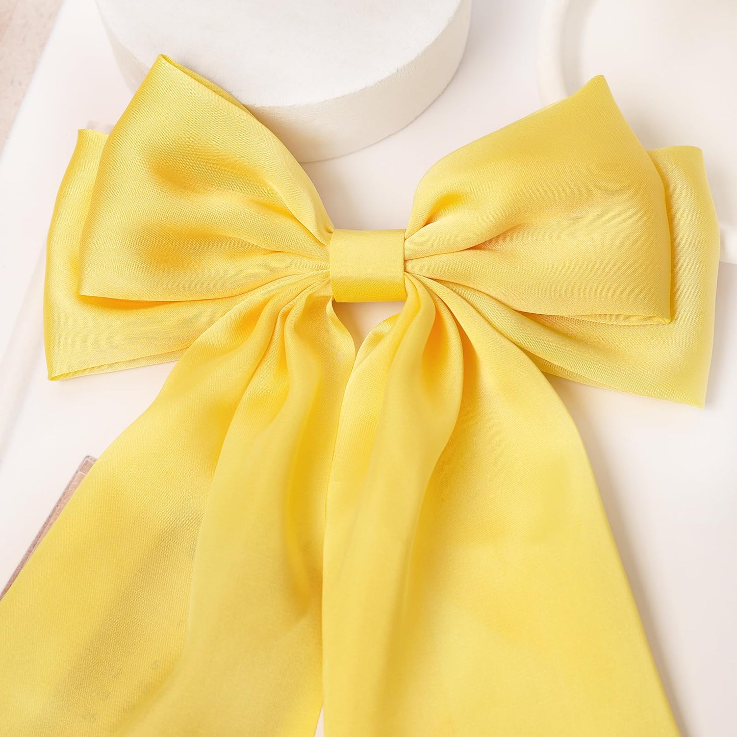 Furling Pompoms Hair Bows for Women - Pack of 2 Yellow Hair Bow Clips for Girls Satin Big Bows Long Tail Alligator Clip Ribbon Hair Barrette Hair Accessories for Bridal Bachelorette Party