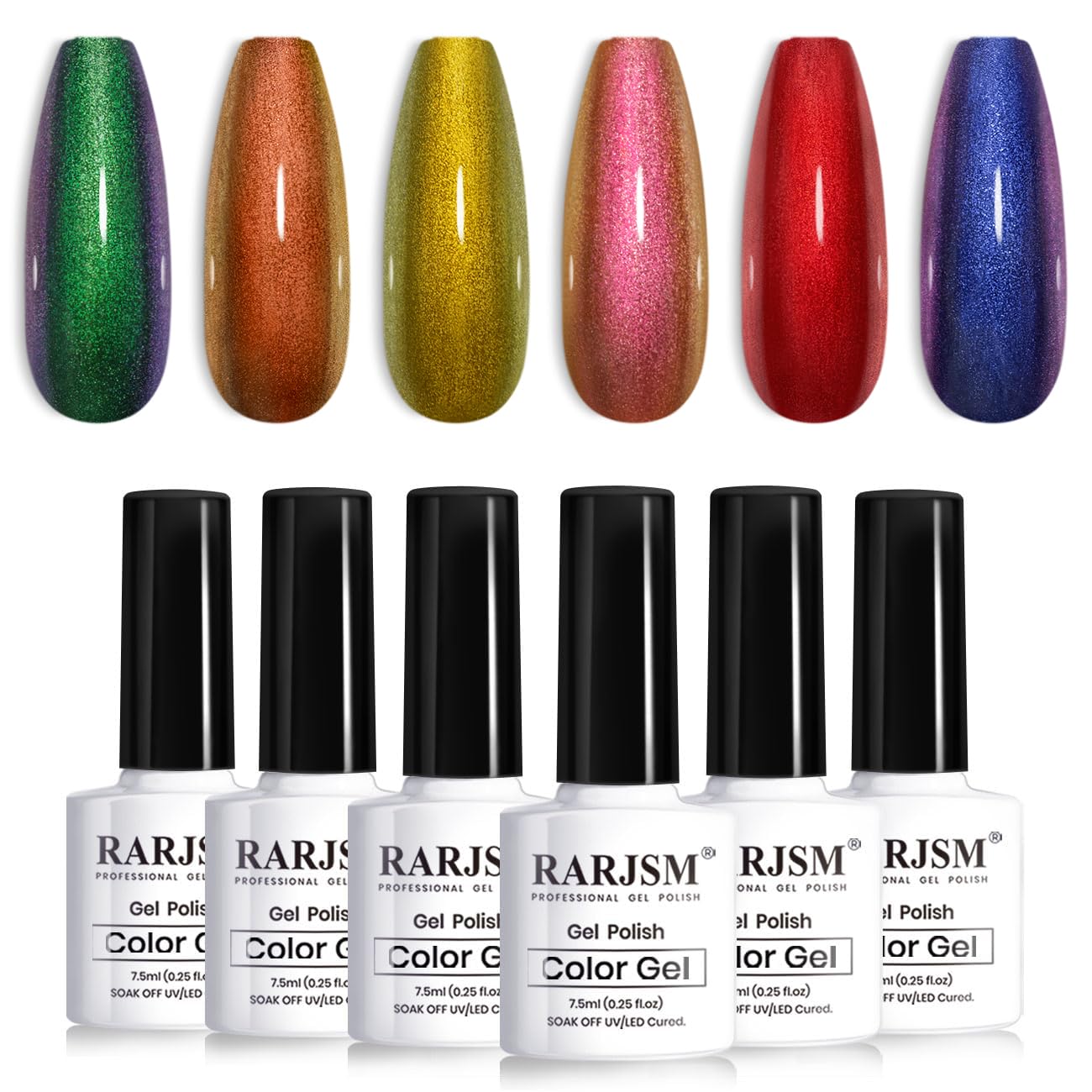 RARJSM Chameleon Gel Nail Polish Set 6pcs Multichrome Gradient Color Changing Orange Blue Purple Red Green Shimmer Glitter Gel Polish Curing Requires Soak Off Sparkle Chrome Nail Gel Varnish 7.5ml