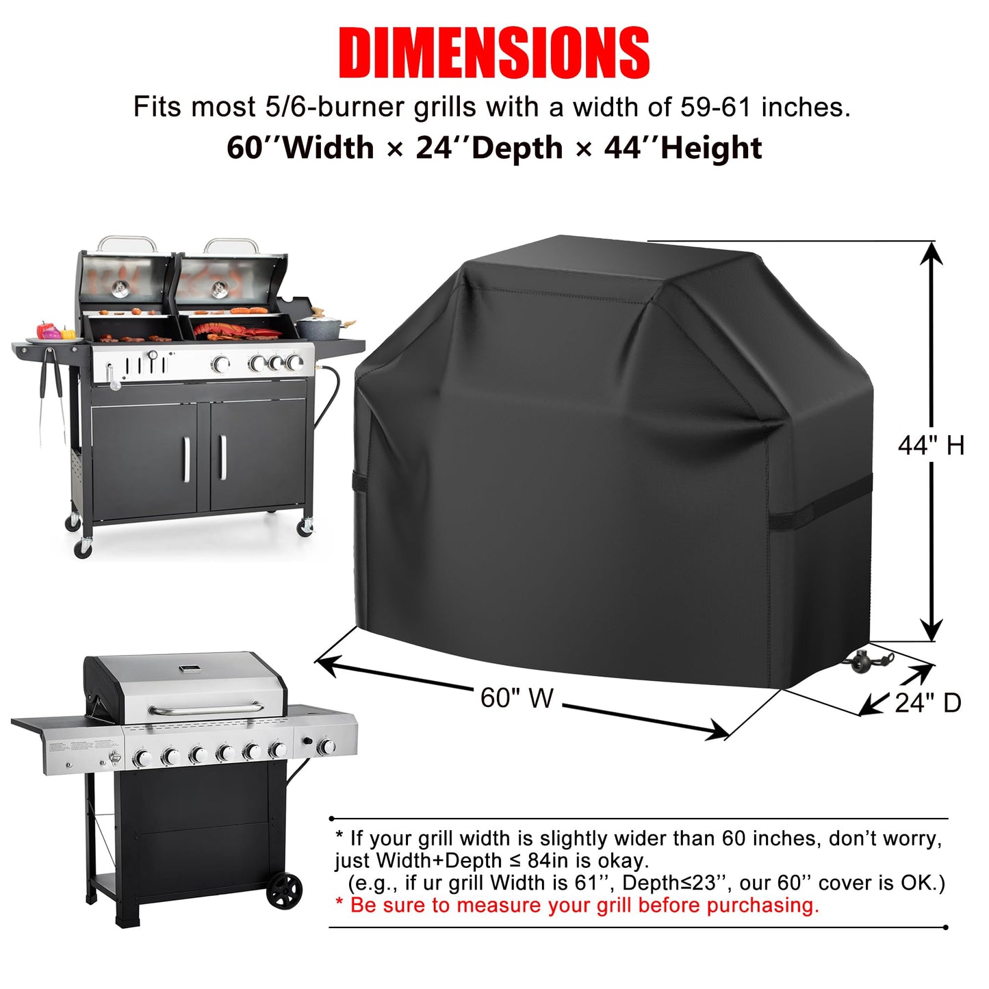 Grill Cover, BBQ Grill Cover, Waterproof, Weather Resistant, Rip-Proof, Anti-UV, Fade Resistant, with Hook-and-Loop Straps, Gas Grill Cover for Most Grills, 60 inch, Black