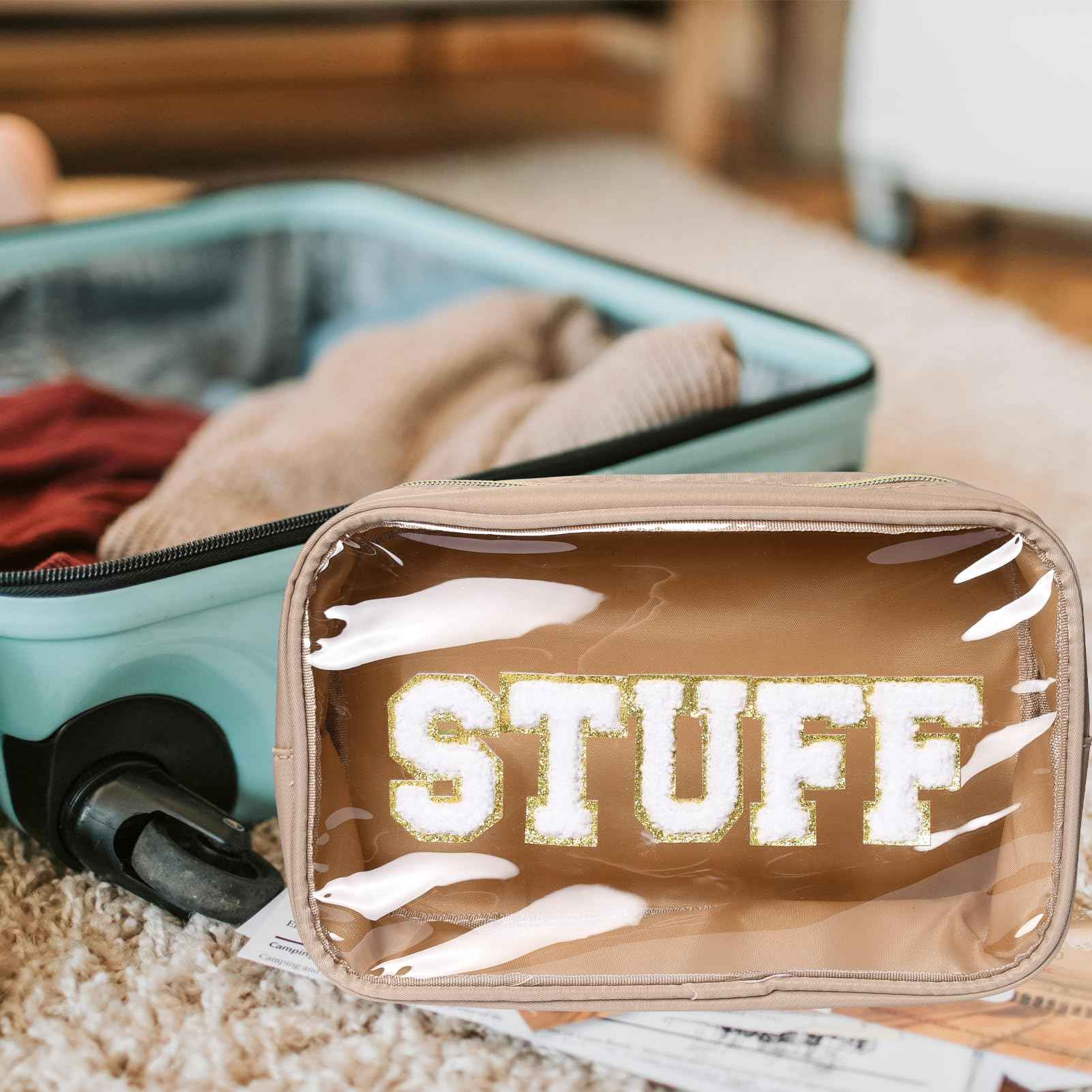 Pumwoy 4Pcs Storage Bag for Skin Face Hair Stuff with Chenille Letter,Transparent PVC,Waterproof Nylon,Cosmetic Bag Makeup Pouch with Zipper(Light Green, Purple, Pink, Khaki)