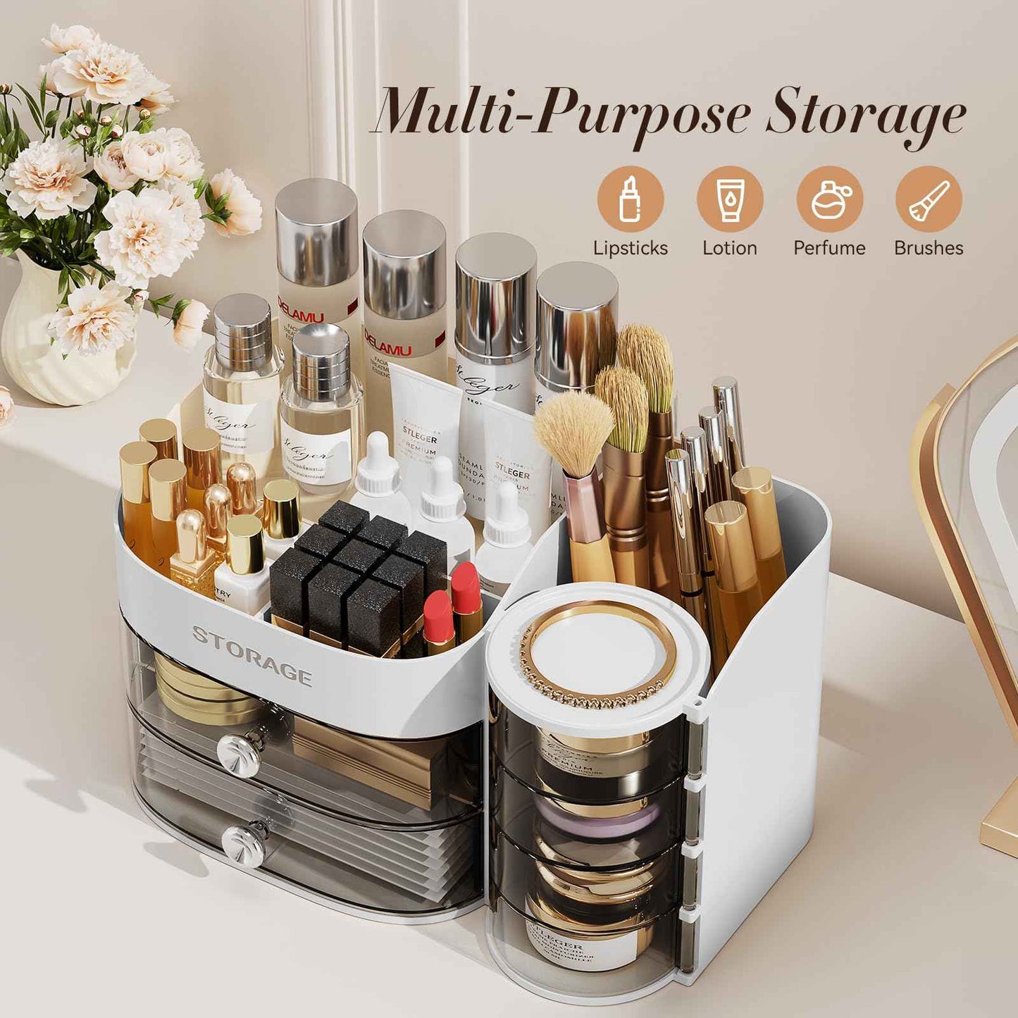 LAMU Makeup Organizer Countertop, Cosmetic Storage for Dresser Bathroom Countertop, Include 4-Tier Rotating Jewelry Box for Brushes, Skincare, Perfume, Jewelry Organizer, Ideal Christmas Gifts, White