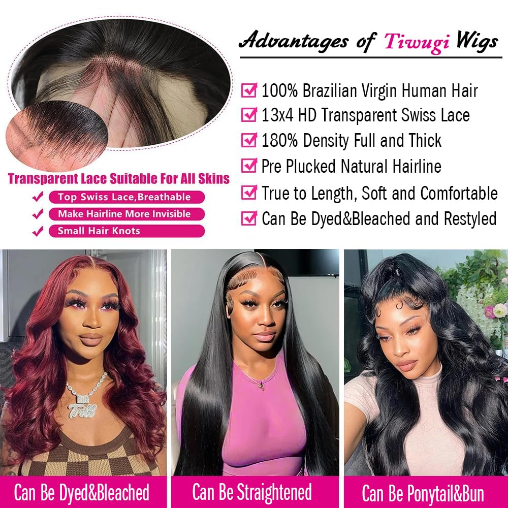 Tiwugi 28 Inch Body Wave Lace Front Wigs Human Hair 13x4 HD Lace Front Wigs Human Hair Pre Plucked Body Wave Glueless Frontal Wigs Human Hair 180% Density for Women