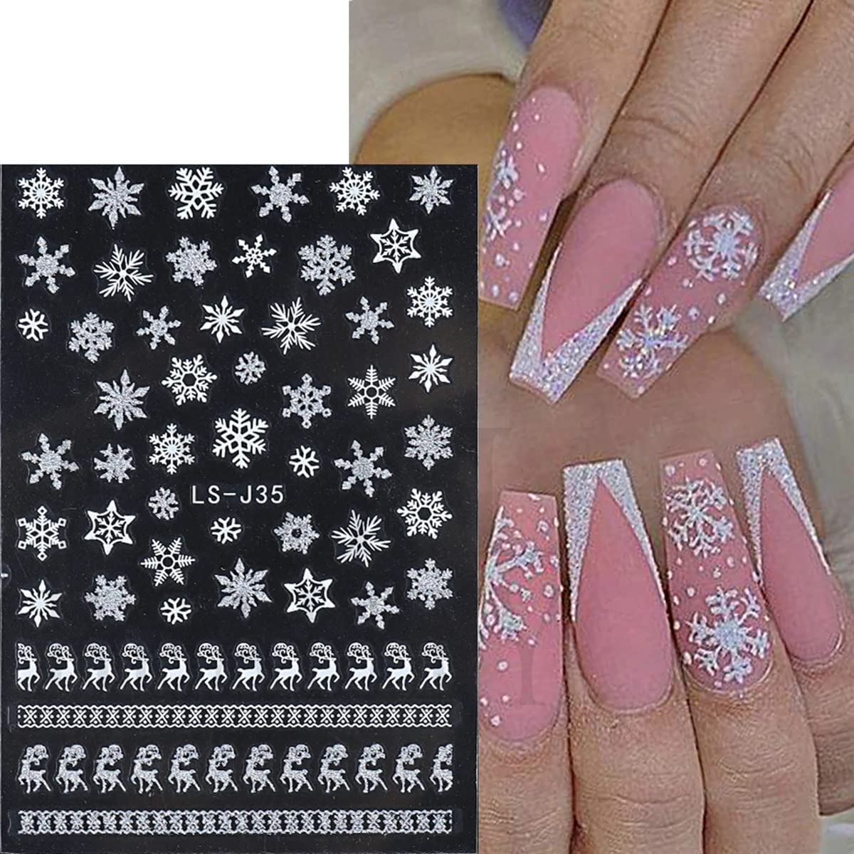 6 Sheets Snowflakes Nail Art Stickers Self-Adhesive Winter Nail Art Supplies Christmas Nail Stickers Glitter Snowflake French Stripe Design 3D White Gold Nail Decals for Women Xmas Nail Decor Charms