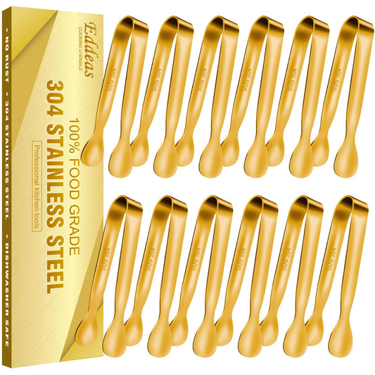 EDDEAS 12 PCS Small Serving Tongs, 4.3" Mini Gold Tongs, Gold Kitchen Tongs for Serving Food, Coffee Bar, Tea Party, Desserts Party and Ice Bucket