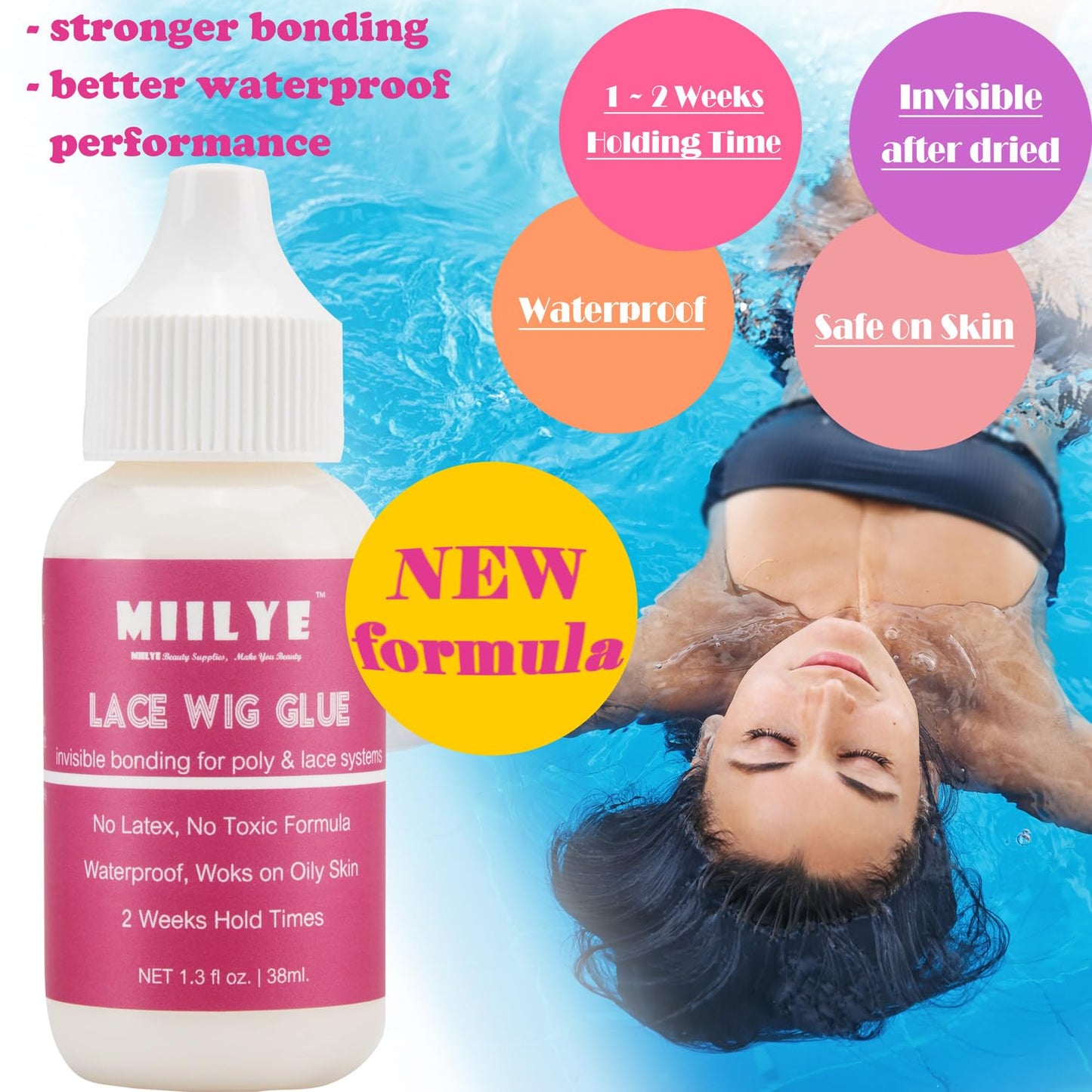 Wig Adhesive Glue, Invisible Waterproof MIILYE Hair Replacement Bonding Glue, Strong Hold for Lace Front Wig and Poly Hairpieces, Toupee, Cosmetic Hair Systems (Wig Glue for Lace Front Wig 1.3 fl oz)