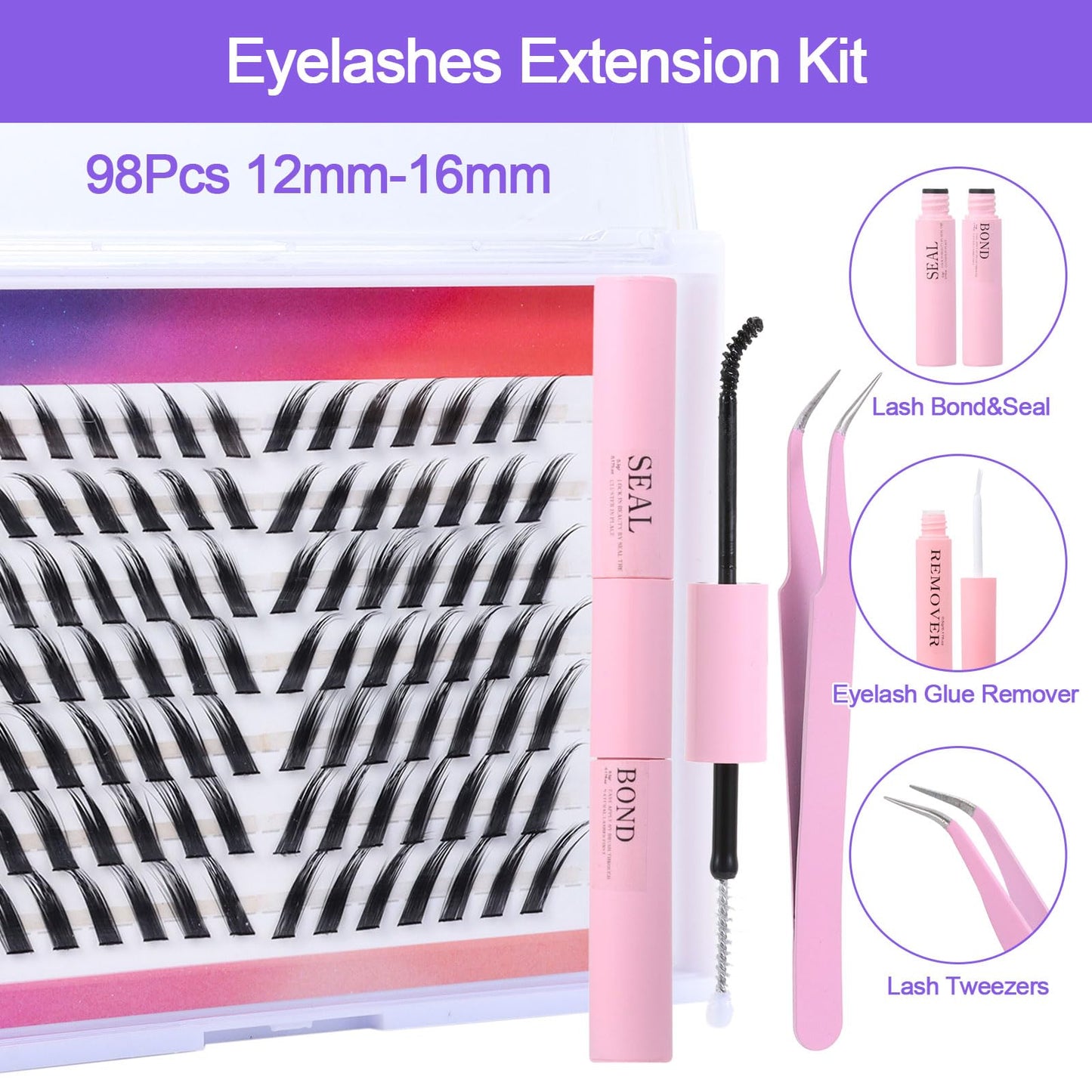 outopen Fox Eye Makeup Effect Lashes Extension Kit C Curl Cat Eye Eyelash Clusters With Tweezer And Glue, 12-16mm DIY Individual Cluster Eyelash Extension Kit (B-Black)