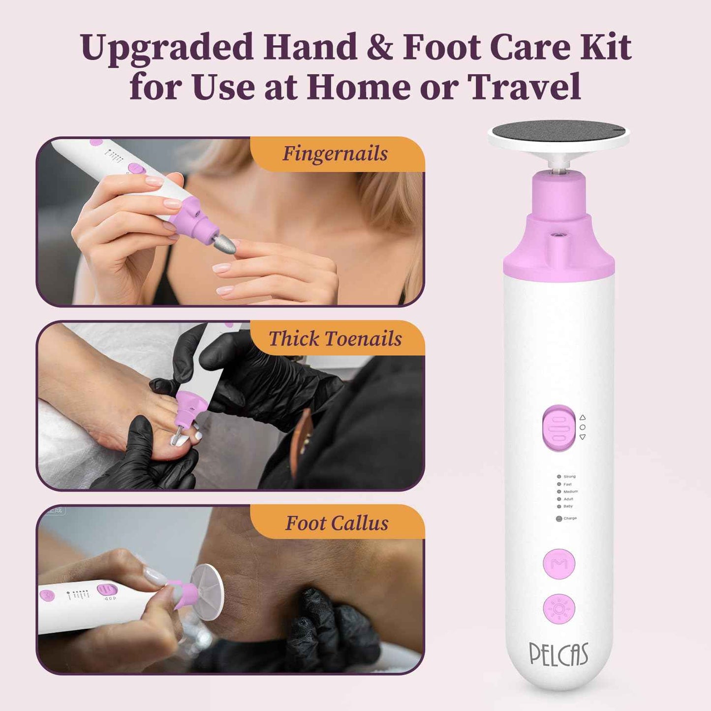 PELCAS Toenail Grinder for Thick Toenails 8 in 1 Manicure & Pedicure Kit, 5 Speeds Cordless Nail Drill with LED Light Electric Foot Callus Remover for Foot Callus, Thick Nails, Finger Nails Pink