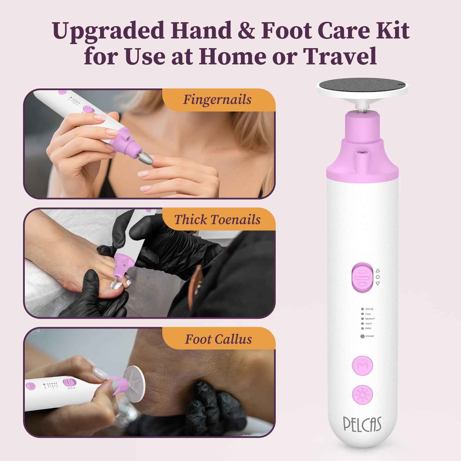 PELCAS Toenail Grinder for Thick Toenails 8 in 1 Manicure & Pedicure Kit, 5 Speeds Cordless Nail Drill with LED Light Electric Foot Callus Remover for Foot Callus, Thick Nails, Finger Nails Pink