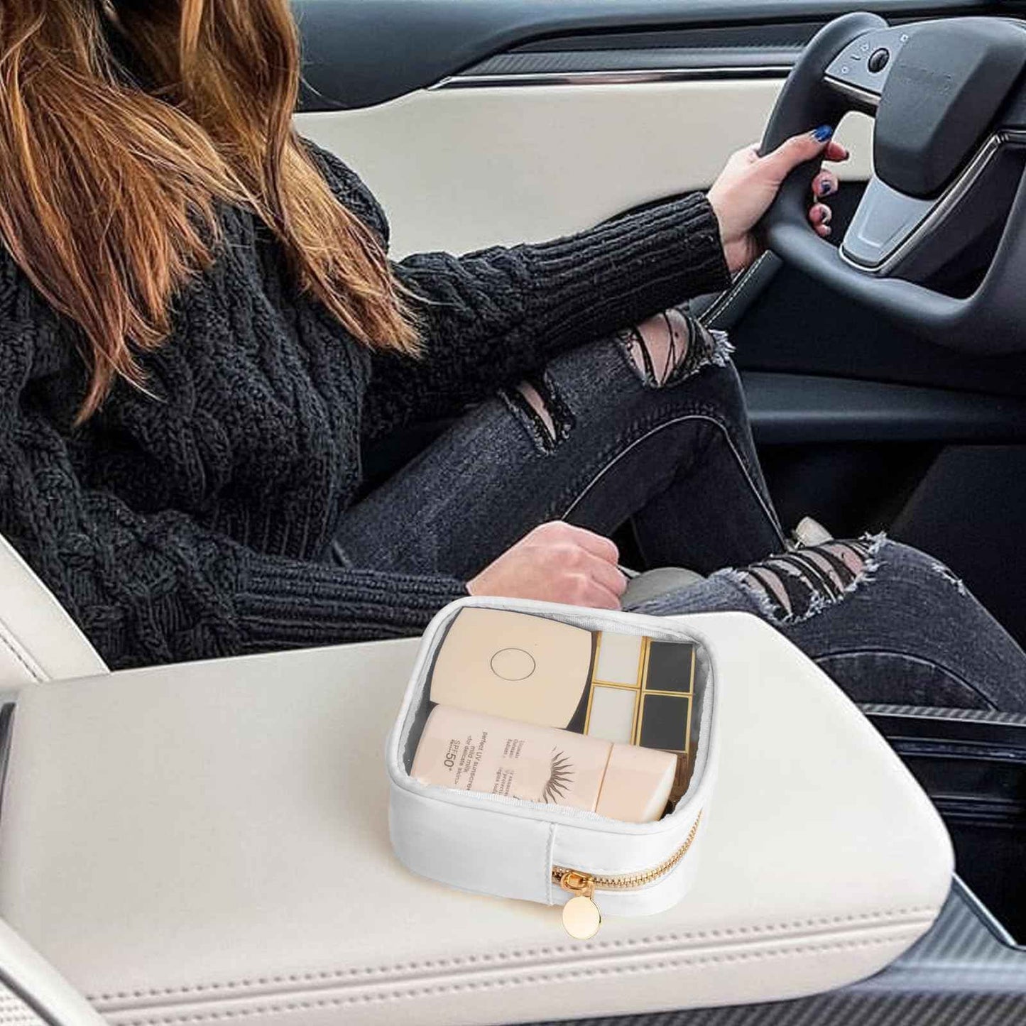 FFaw Small Clear Makeup Bag, Nylon Mini Cosmetic Bag Small Makeup Bag for Purse TSA Approved Travel Toiletry Bags with Zipper Cute Organizer Car Organizer Bag for Women Girls (White Mini)