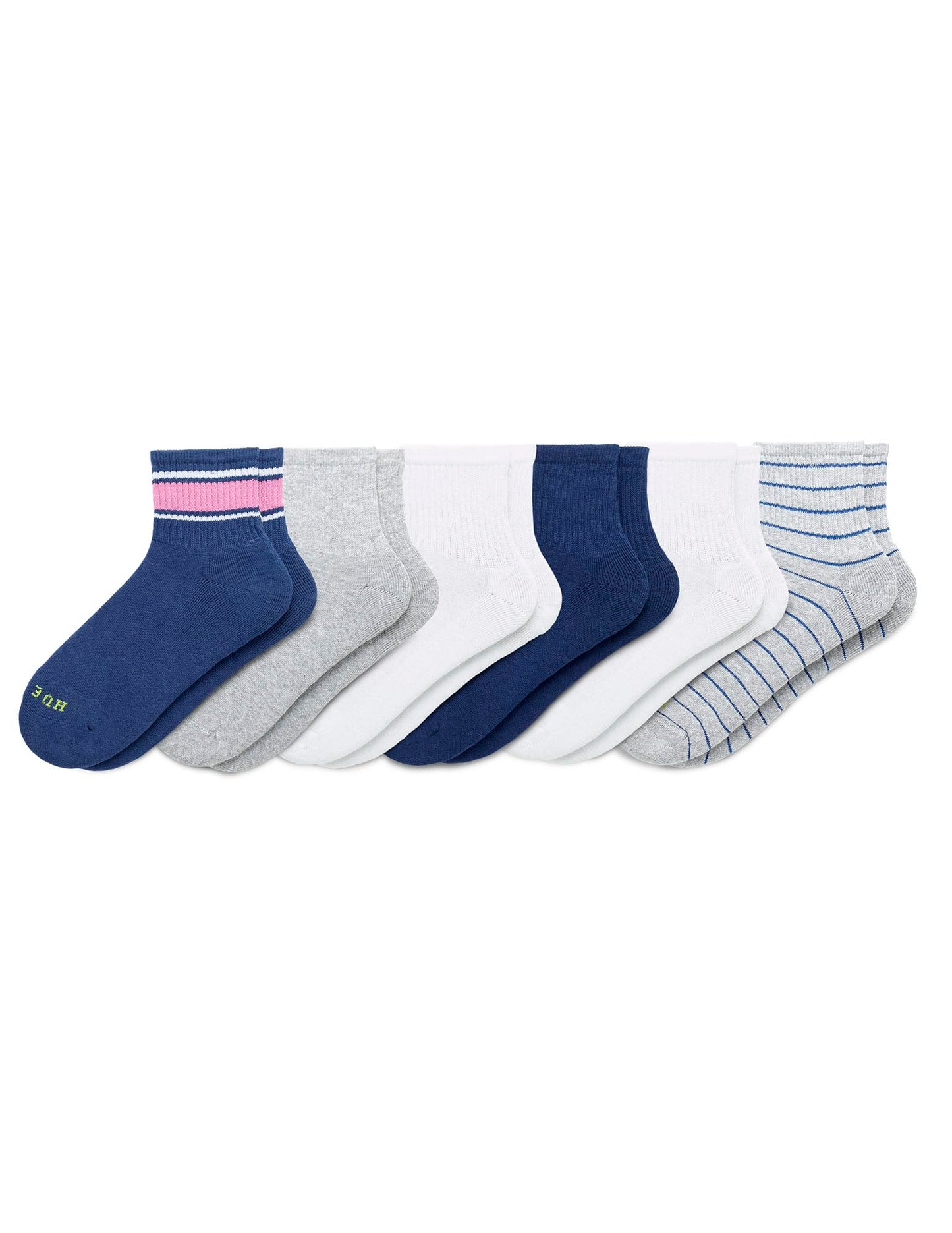 HUE Women's Cotton Mini Crew Socks, Navy Stripe - 6 Pair Pack, One Size