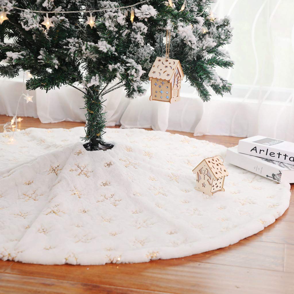 Dremisland Christmas Tree Skirt, 48" Large White&Gold Luxury Faux Fur Tree Skirt with Snowflakes Super Soft Thick Plush Tree Skirt for Xmas Tree Decoration (Golden, 48inch/122cm)