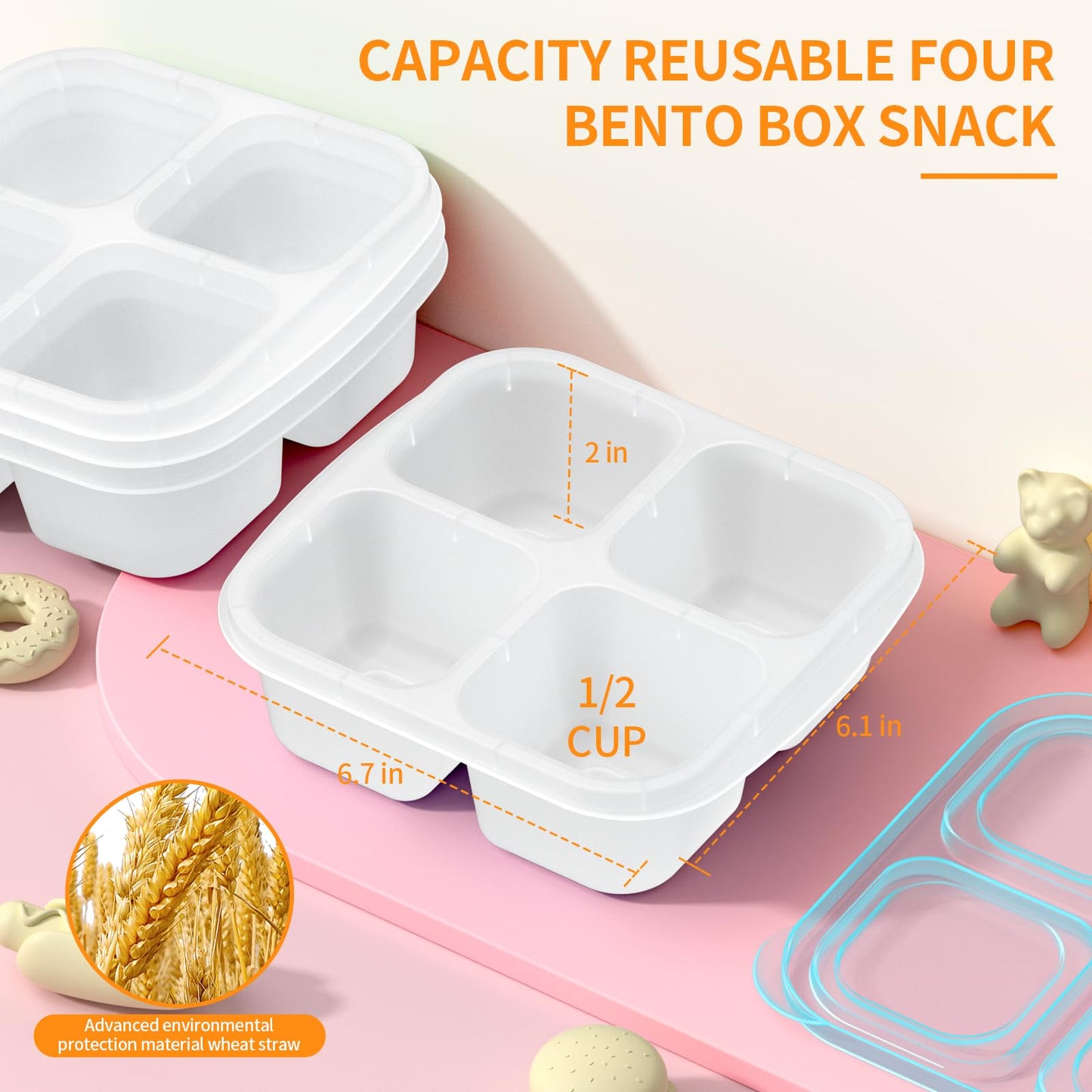 Bento Snack Boxes (4 Pack)- Reusable 4-Compartment Meal Prep Containers for Kids and Adults, Perfect Food Storage Containers for School, Compact and Stackable (Transparent(Red/Green/Blue/Purple))