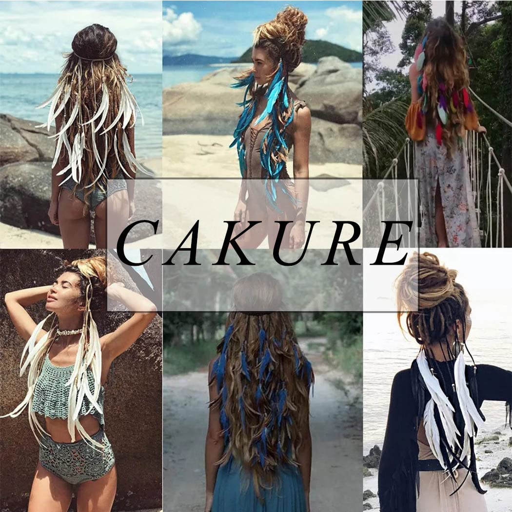 CAKURE Boho Feather Headbands Indian Peacock Headpiece Gypsy Hair Band Adjust Headdress Handmade Feather Hair Accessories (Set 9)