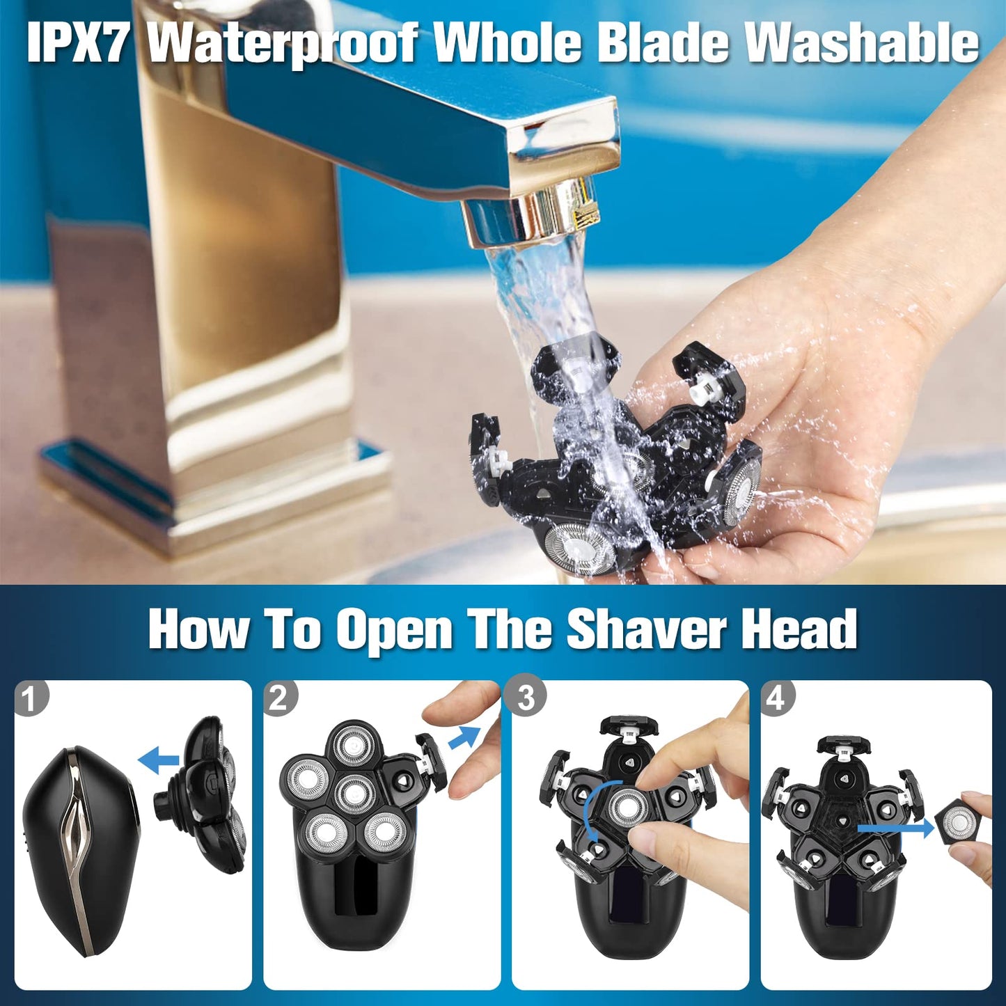 Electric Head Shaver for Bald Men, 6 in 1 Mens Electric Head Razor Bald Head Shaver Cordless Electric Razor Men, IPX7 Wet/Dry Waterproof Rotary Shaver with Head Shaver Kit LED Display