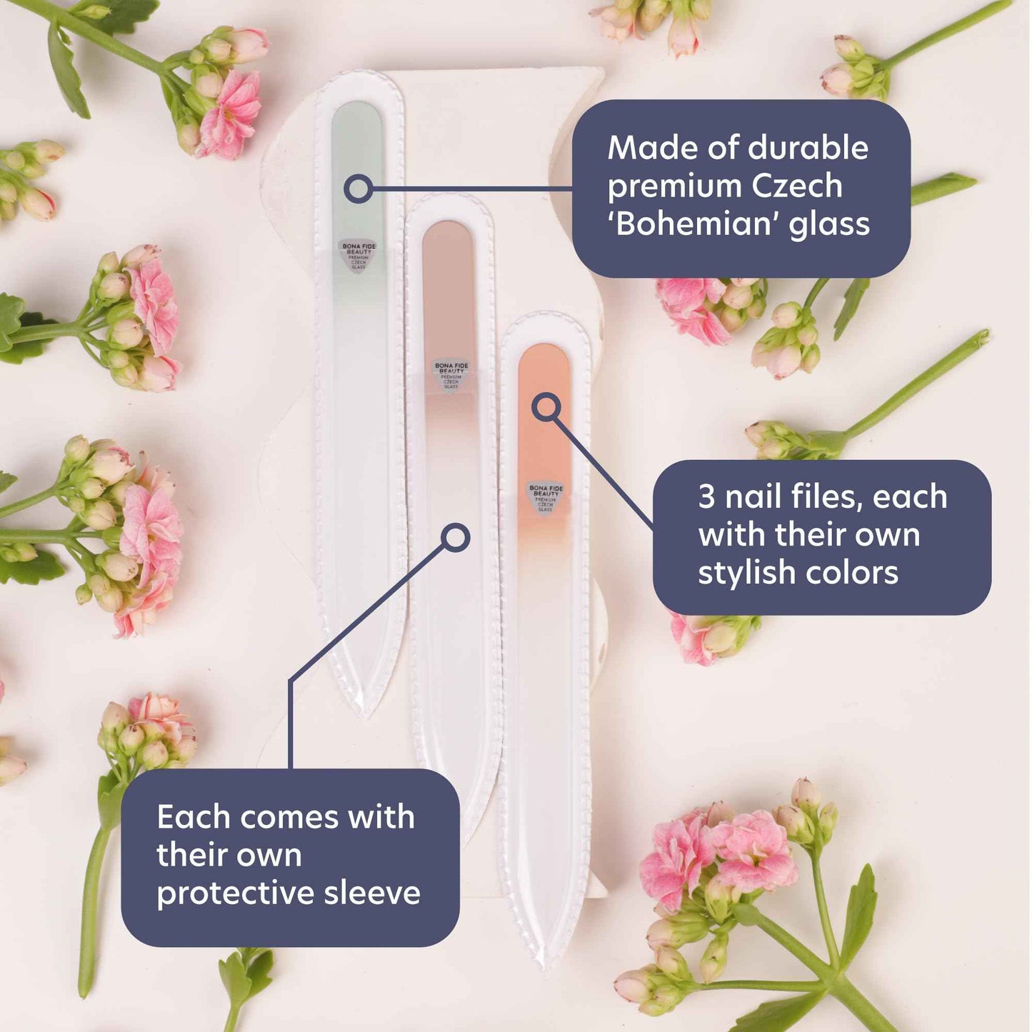 Bona Fide Beauty Value Bundle: 1Pc Pink Czech Glass Cuticle Pusher & 3 Pc Muted Glass Nail Files with Sleeves