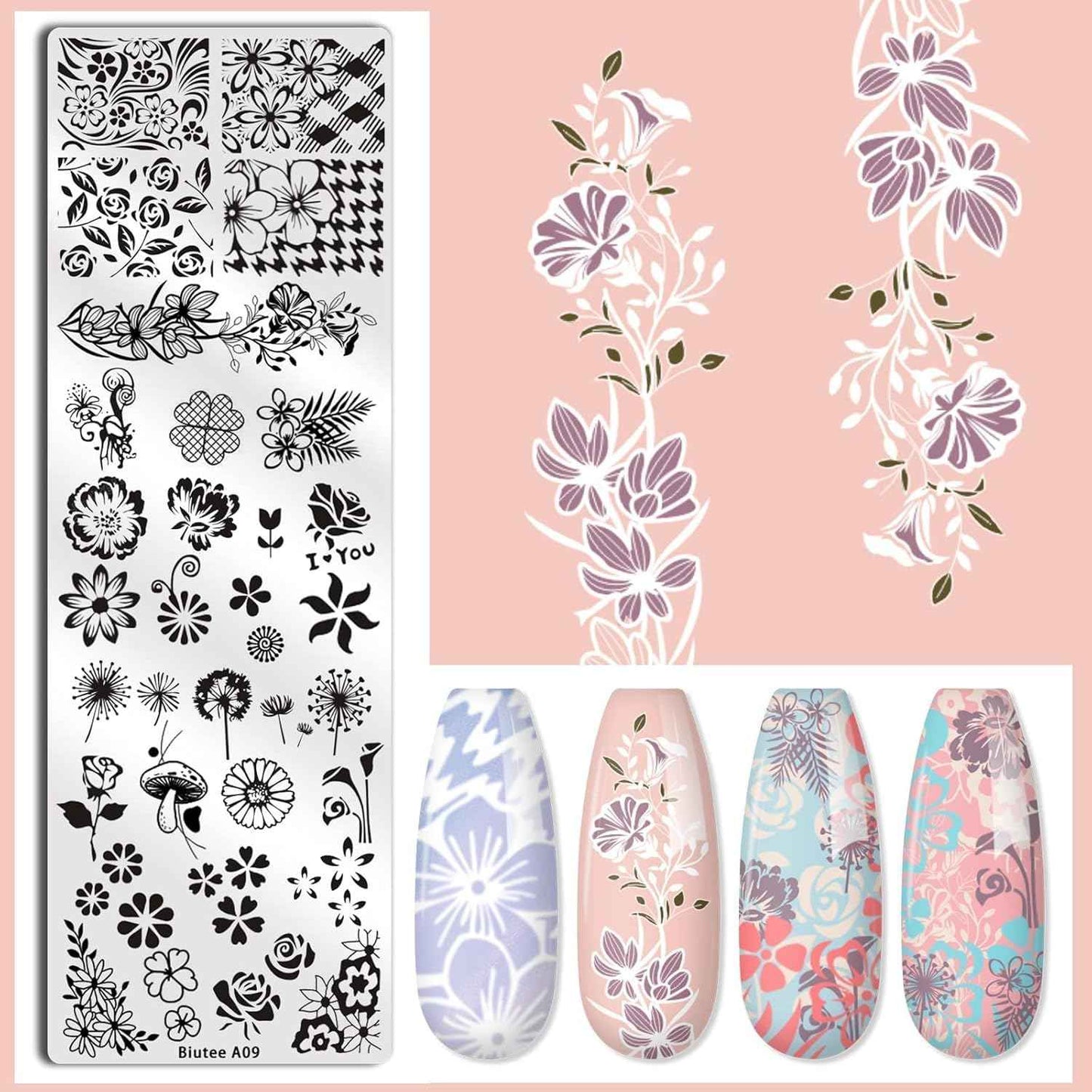 Biutee Gel Nail Stamping Kit with 8 Colors Nail Stamping Polish Gel Nail Stamping Plates 10PCS Nail Stamp Plates Nail Stamper Starry Sky Lace Flower Leaves Animal Nail Stamping Kit Nail Design