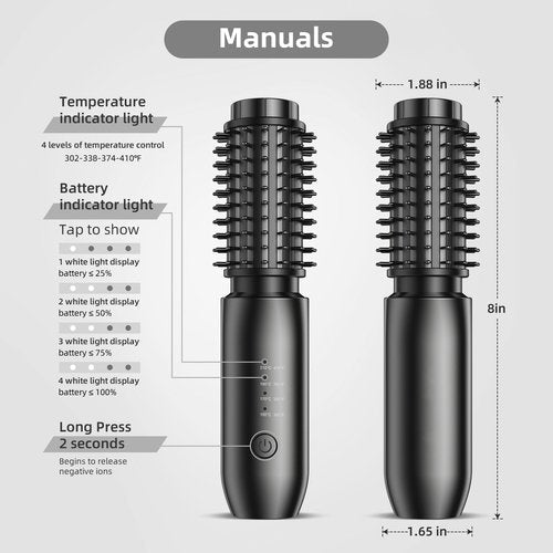 Cordless Curling Iron Brush, 1.5 Inch Mini Travel Hair Curler with 200 Million Negative Ions, Portable Heated Round Straightener Brush Rechargeable for Curl, Touch-Up, De-Frizz, Styling, Black