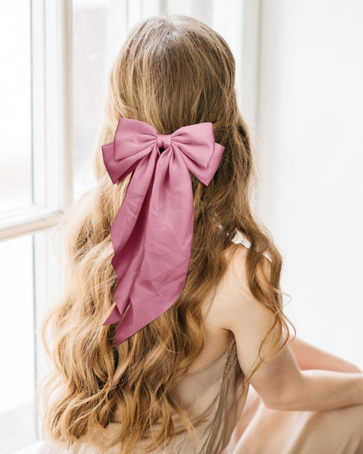 2Pcs Silky Satin Hair Bows with Long Tail for Women - Korean Pink Coquette Ribbon Clips, Aesthetic Hair Bows & Clips