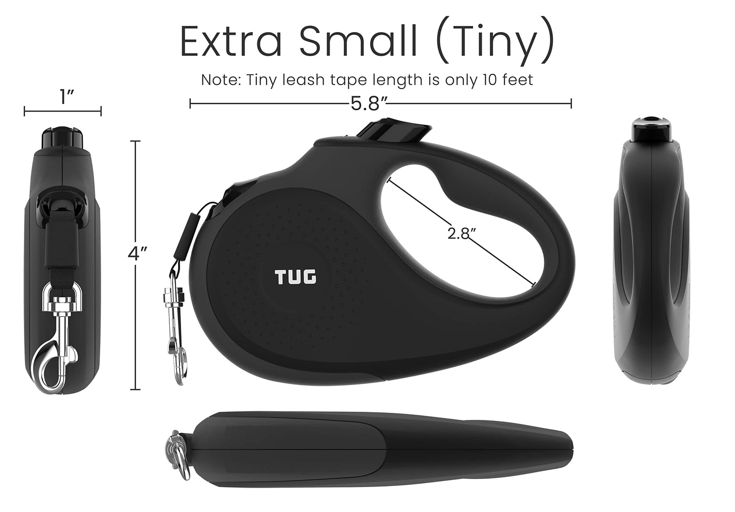 TUG Tiny 360° Tangle-Free Retractable Dog Leash with Anti-Slip Handle | 10 ft Nylon Tape | One-Handed Brake, Pause, Lock (Black/Grey)