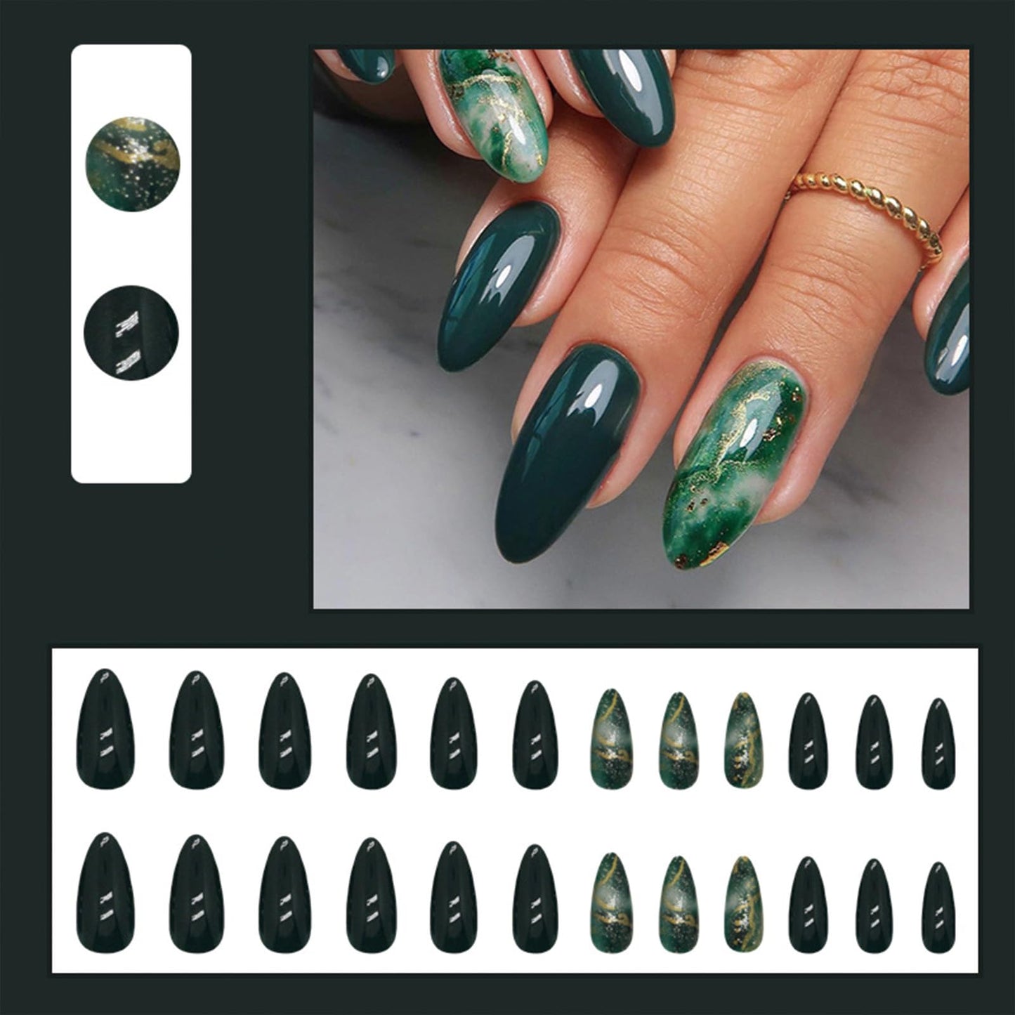 SINHOT Spring Press on Nails Medium Almond Fake Nails Emerald Green Nails Glossy Glue on Nails Stiletto Acrylic Nails St Patricks Day Glitter Arificial Nails Stick on False Nails with Design 24 pcs