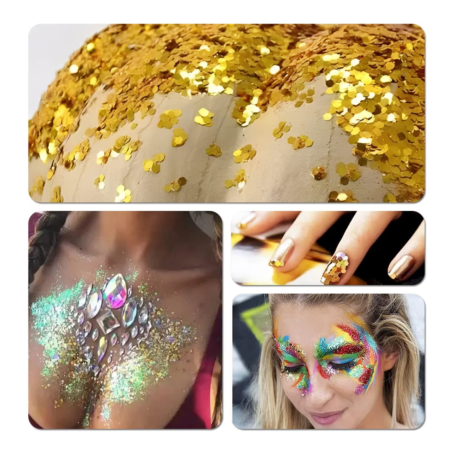 LuckForever 150g Holographic Gold Chunky Glitter Flakes Mixed Size Hexagon Shape Nail Glitters Confetti Craft Sequins Manicure Sticker Accessories for Resin/Crafts/Nails/Body/Makeup