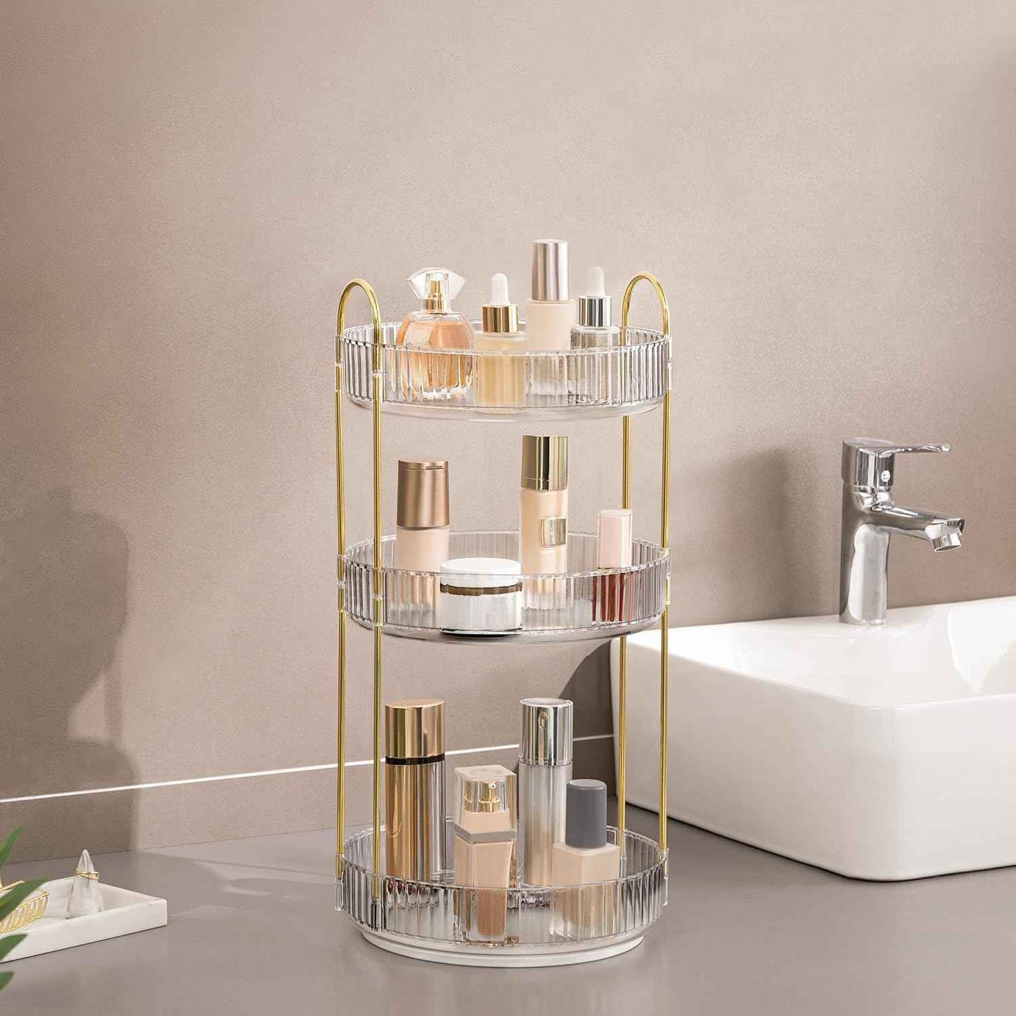 HBlife 360° Rotating Makeup Organizer, 3 Tier Spinning Perfume Skincare Organizer Large Capacity Cosmetic Storage for Bathroom, Vanity, Countertop, Clear